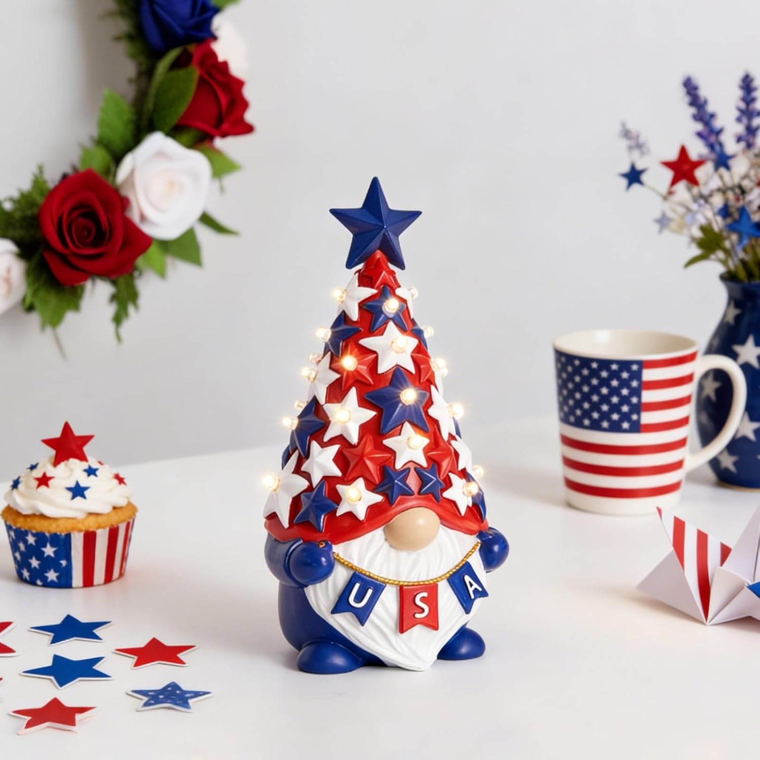 DN DECONATION 4th of July & Memorial Day Decorations with Lights, Patriotic Gnome Decor Lighted Red Blue Independence Day Tabletop Decor USA Resin Gnome with Stars Gifts for Table Tiered Tray