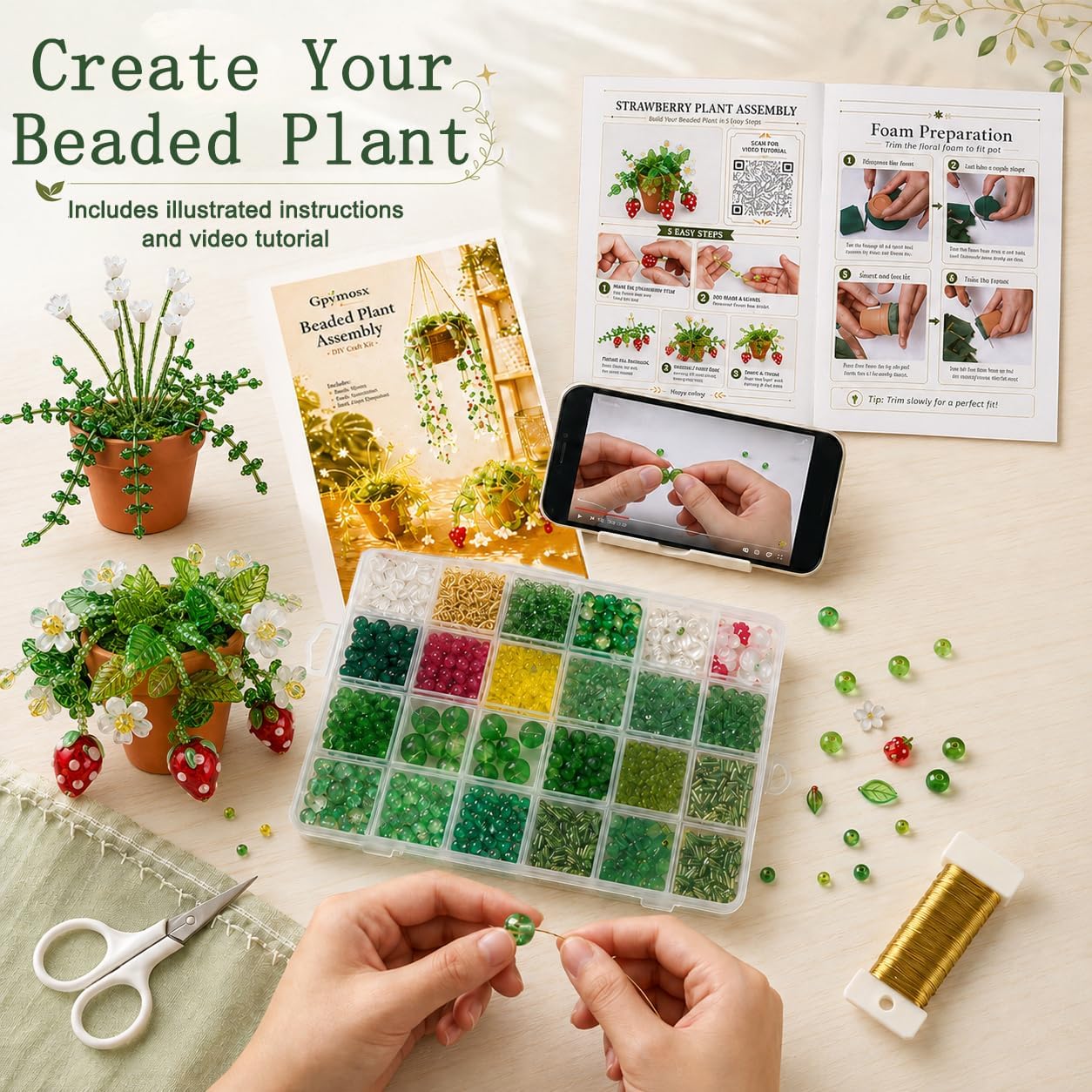 Gpymosx Beaded Plant Kit with Green Crystal Beads, Video Tutorial