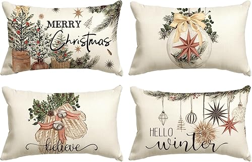 Miniatura 9 de AVOIN colorlife - Juego de 4 fundas de cojín con diseño de bolas de Navidad, hojas de eucalipto, bayas de acebo y guantes, con rayas rojas para