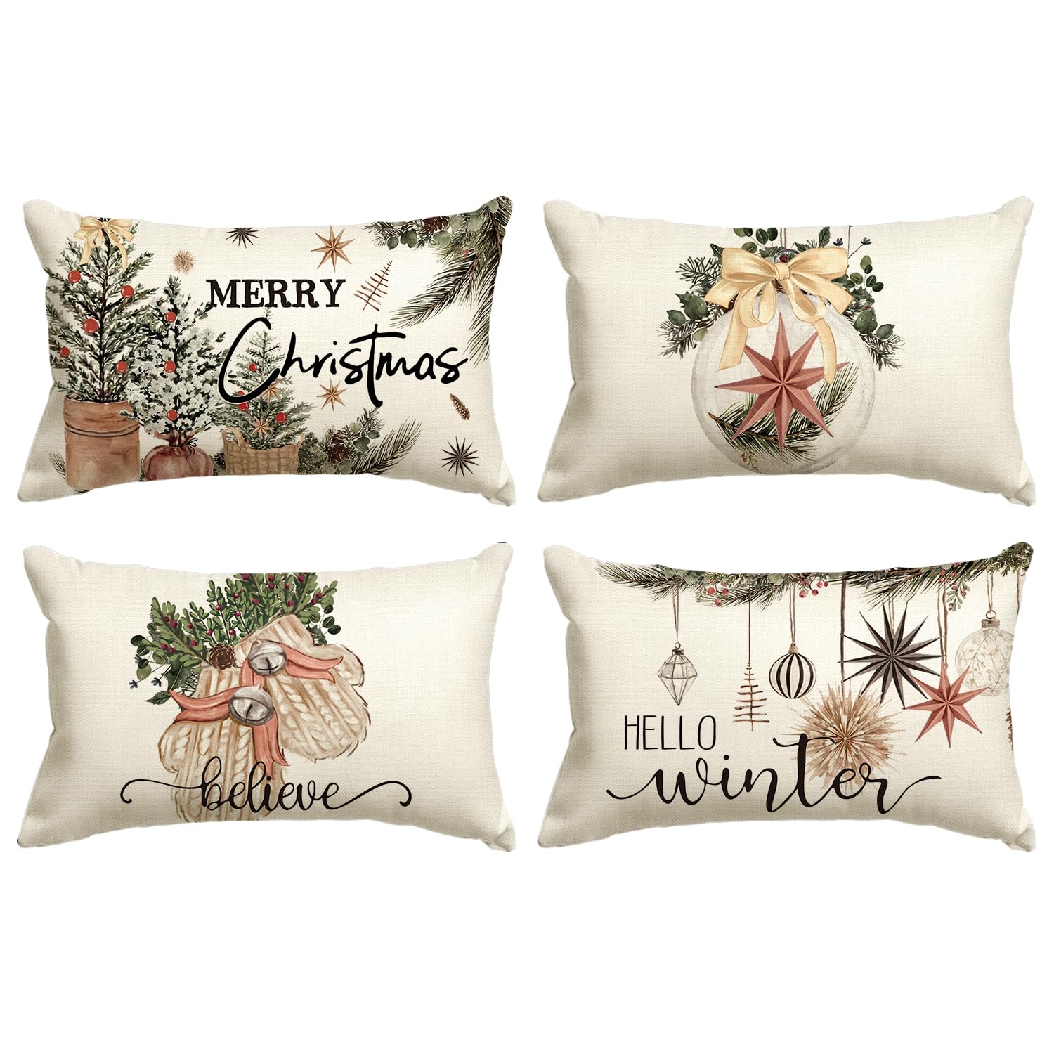 Housse de coussin de Noël 30x50 cm lot de 4 motifs eucalyptus et houx AVOIN colorlife