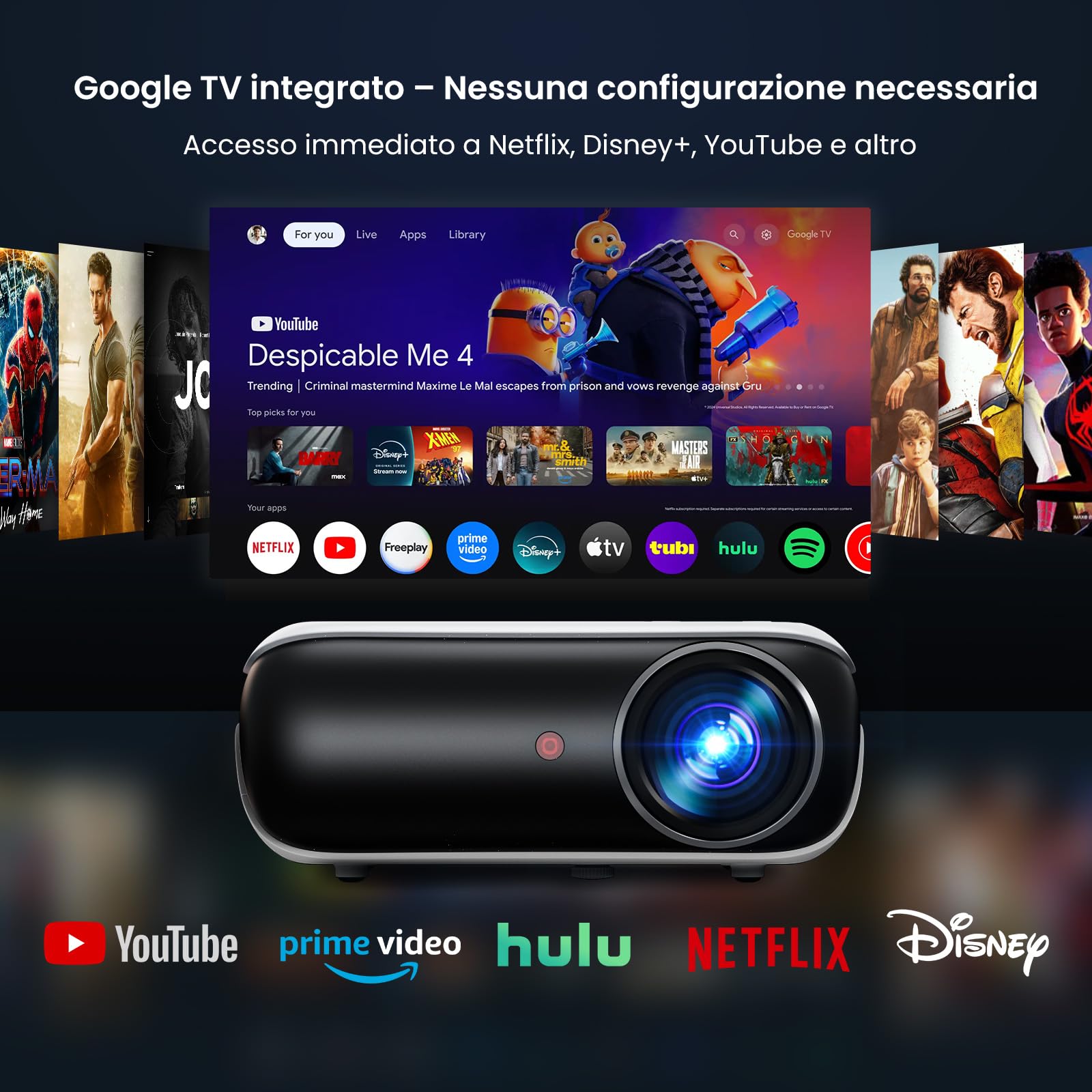 【Google TV/Assistente Vocale/Dolby】Proiettore 4K, HAPPRUN 1000 ANSI 1080P Full HD Smart Videoproiettore con Netflix/Disney+ Ufficiale, WiFi6 e Bluetooth 5.2 per Home Cinema Esterno