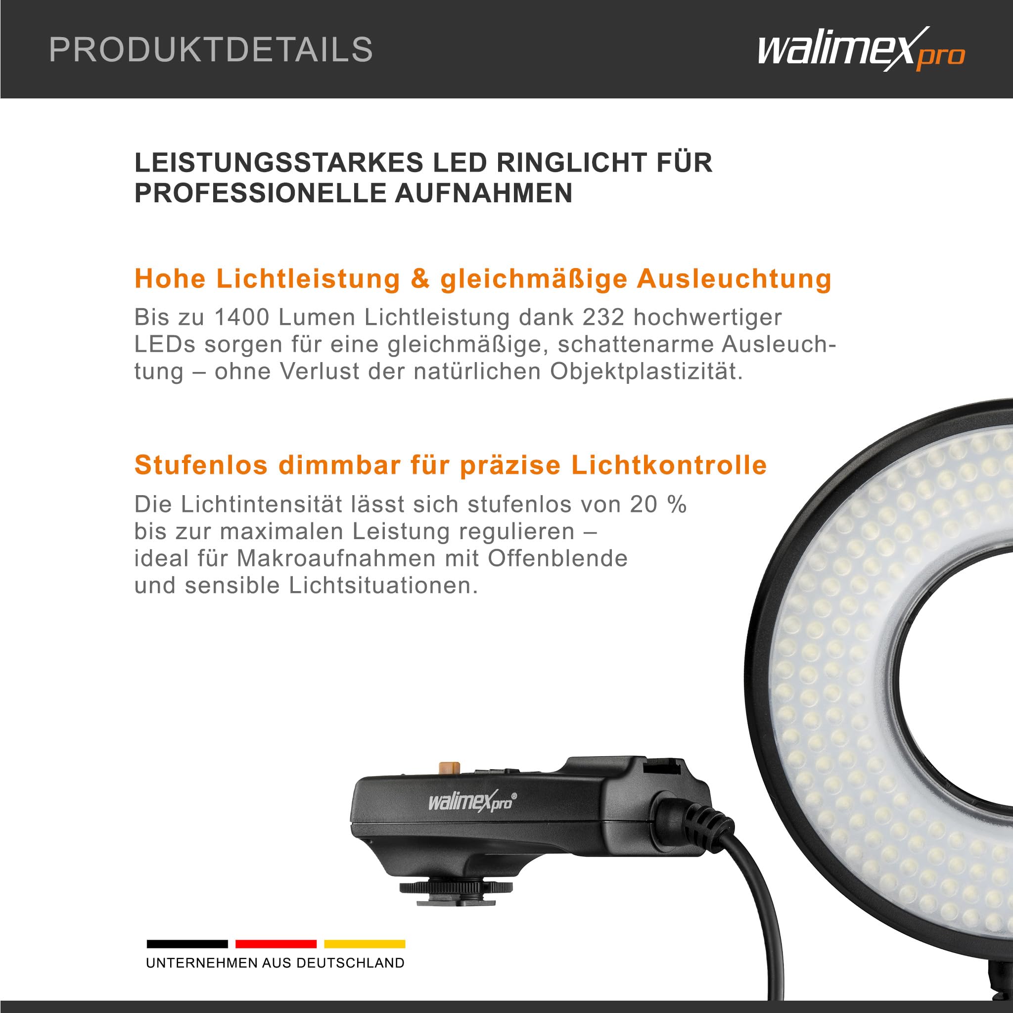 Walimex pro Macro LED Ringlicht DSR 232, Ringleuchte 14 W mit 232 LEDs, stufenlos dimmbares Videolicht
