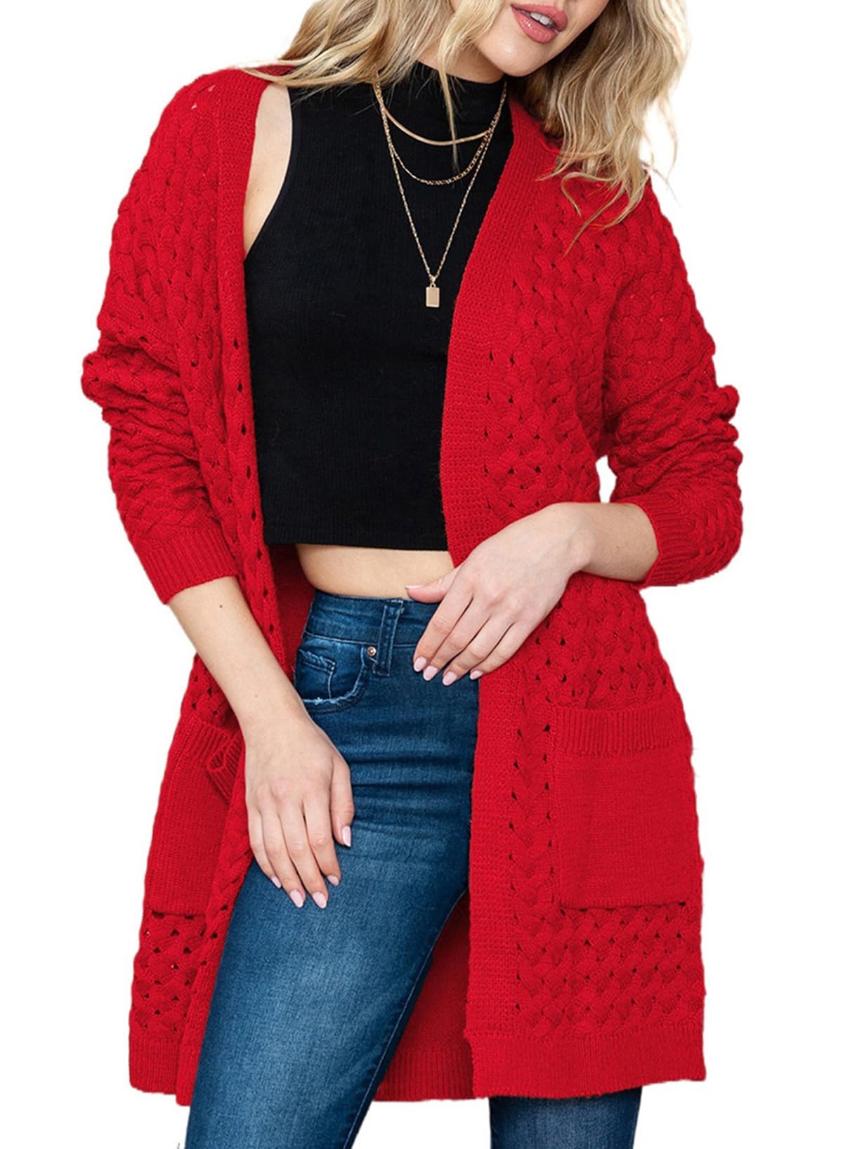 Chaqueta larga de punto para mujer, chaqueta de punto frontal abierta, abrigo con bolsillos, ropa exterior holgada informal para uso diario, rojo, S