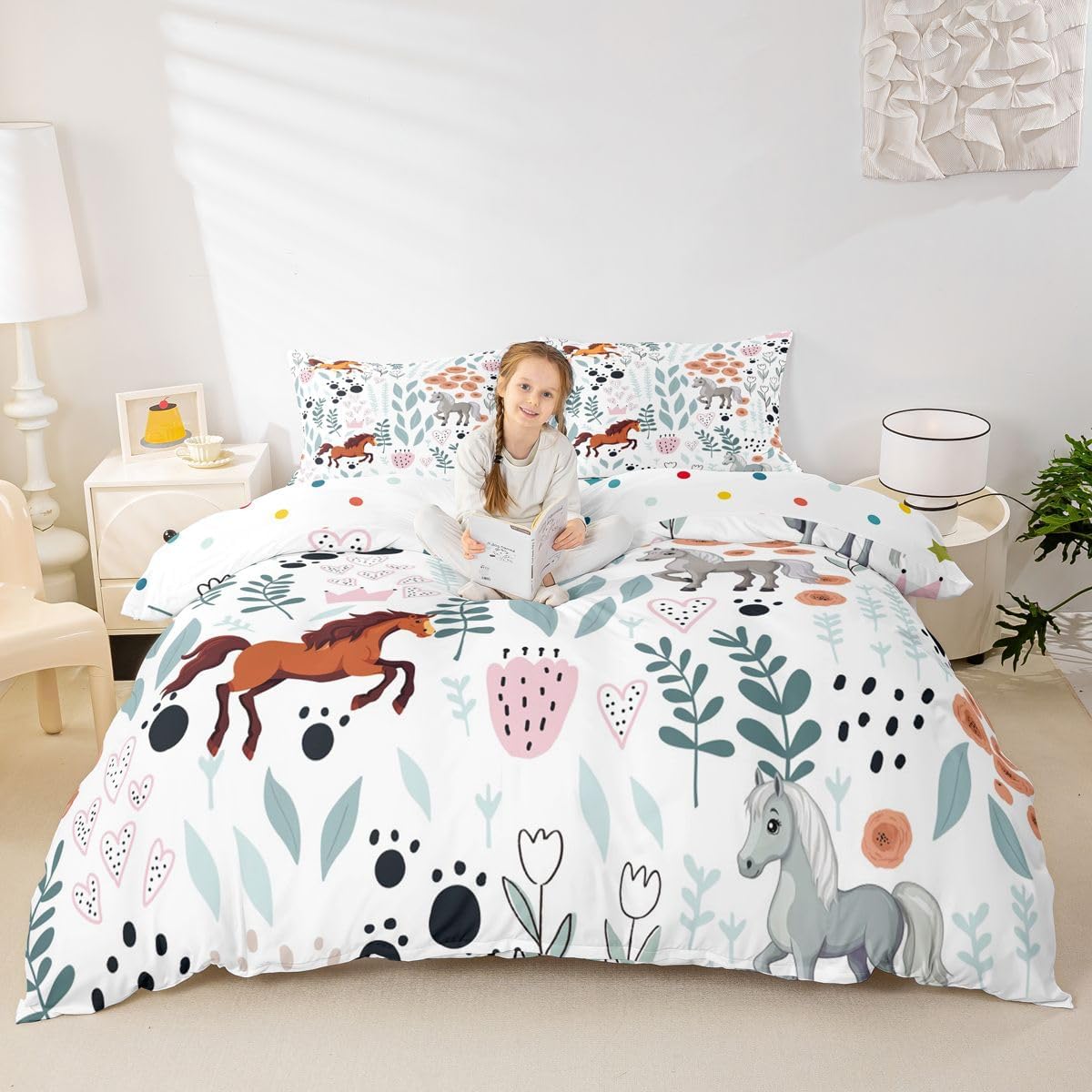 Erosebridal Kawaii Horse Bedding Set,Cartoon Horse Duvet Cover Queen,Cute Love Heart Leaf Floral Comforter Cover for Kids Girls Boys,Paw Print Farm Animal Bed Sets with 2 Pillow Cases