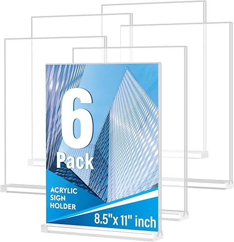 Pealatus Soporte acrílico para letreros de 8.5 x 11 pulgadas, paquete de 6 soportes verticales transparentes, soporte de plástico para menú, soporte