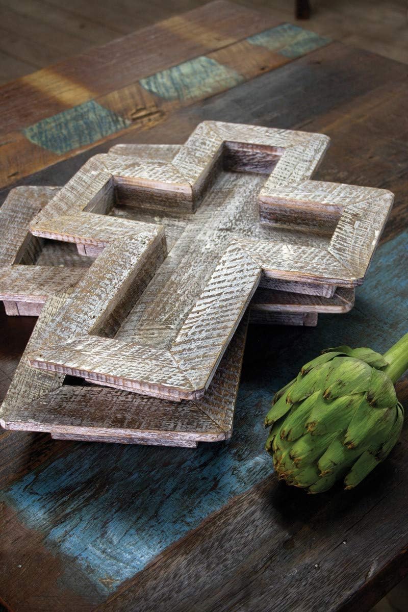 Kalalou Whitewashed Wooden Cross Tray, Set of 2