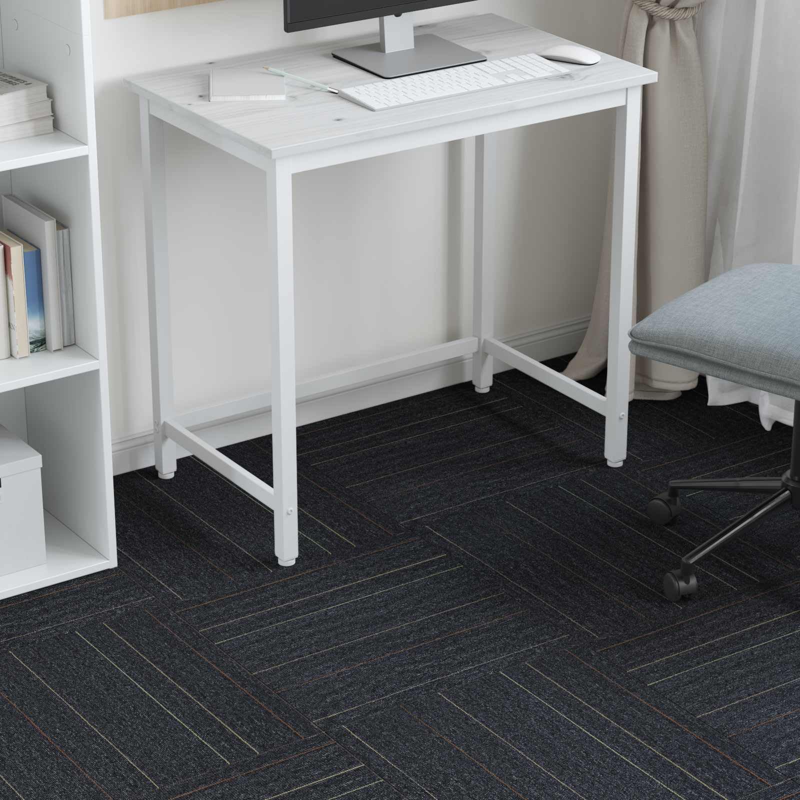 Teppichfliese Dunkelgrau mit Streifen 50 x 50 cm PP Bitumen 4 Stück schallabsorbierend flexible Bodenlösung für Wohnzimmer Schlafzimmer und Büro schutz und Komfort