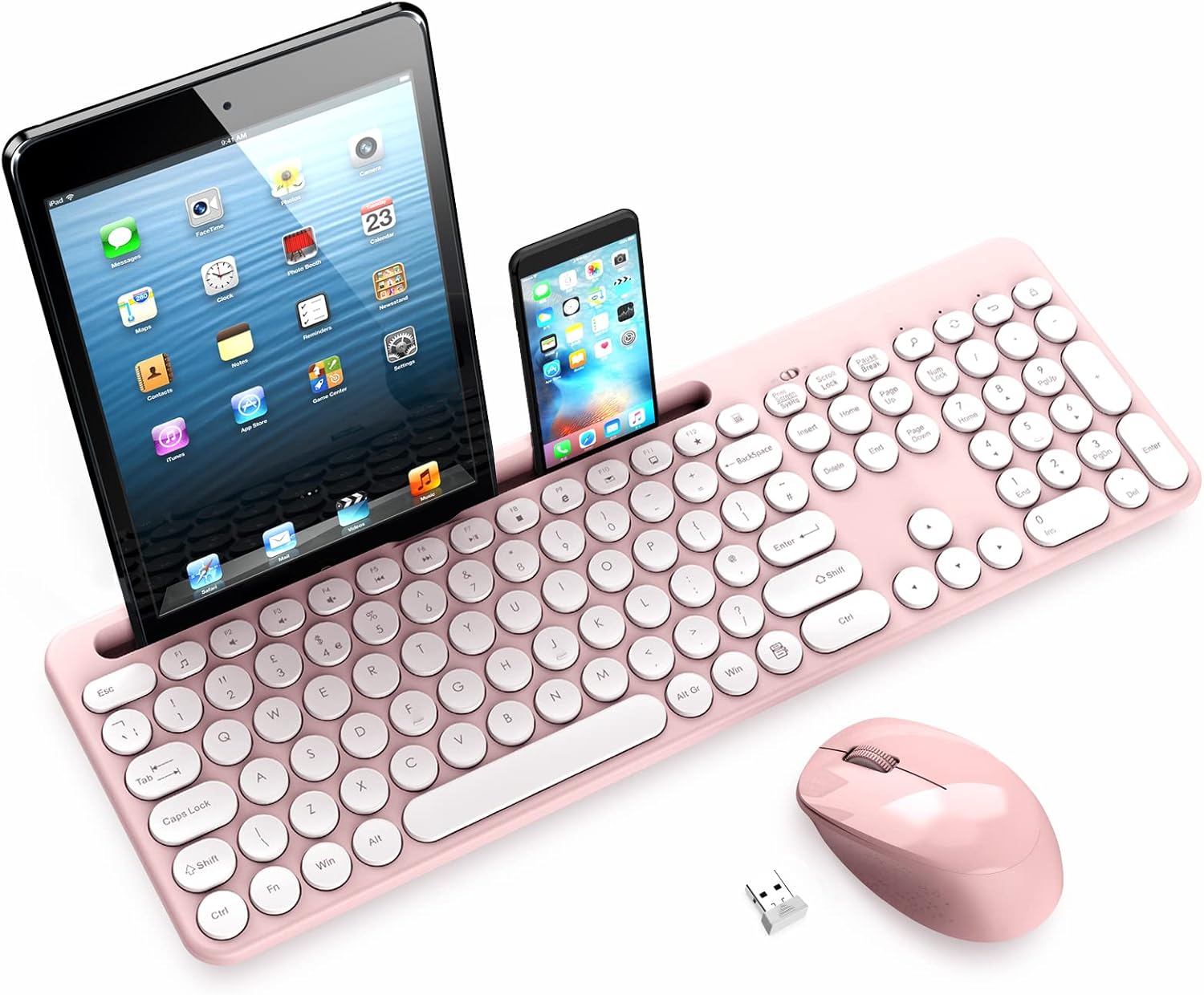 LeadsaiL Wireless Keyboard and Mouse Set with Phone and Tablet Holder, Wireless USB Mouse and Computer Keyboard Combo, Full-sized QWERTY UK Keyboard for HP/Lenovo Laptop and Mac-Pink