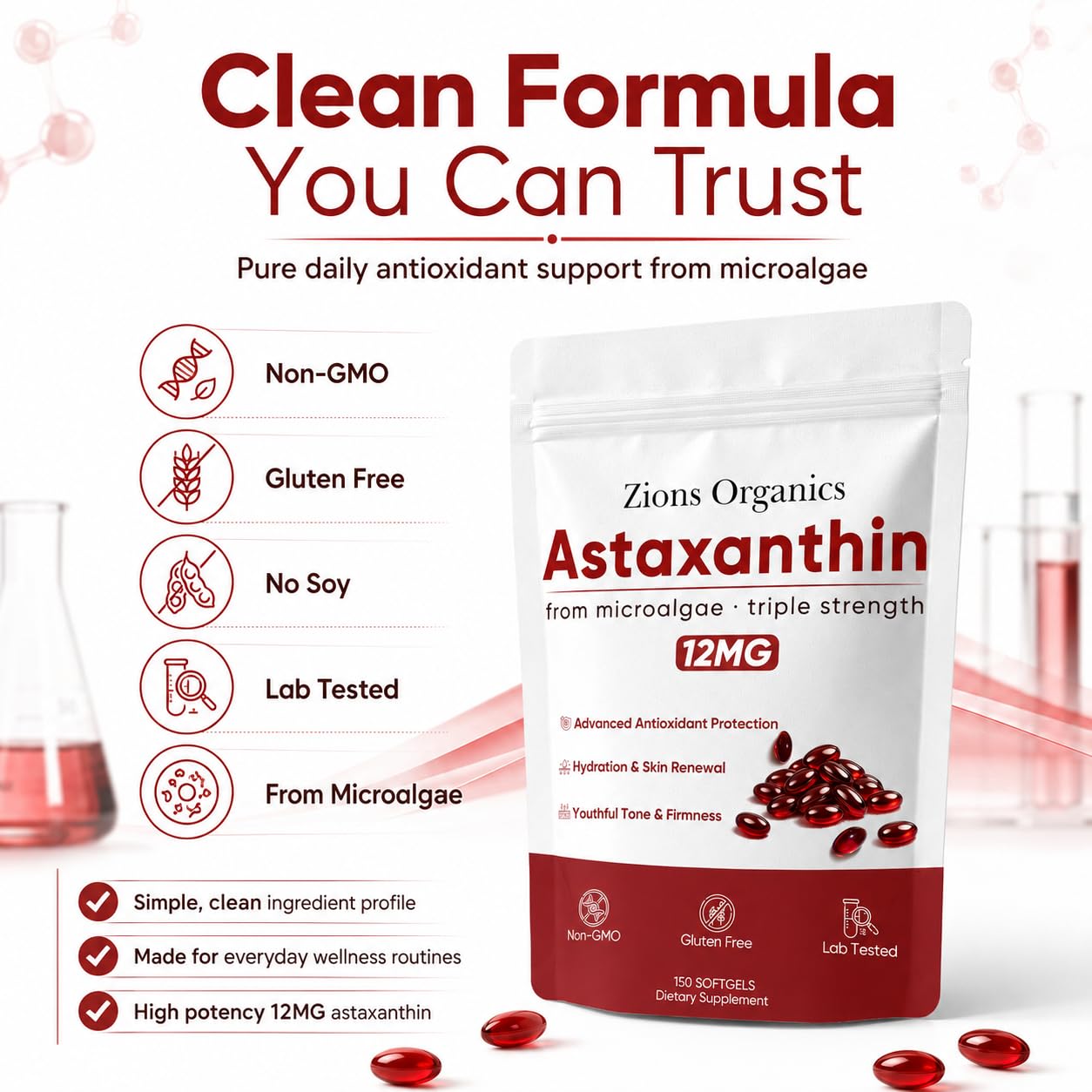 Zions Organics Astaxanthin 12mg Softgels - Premium Astaxanthin Antioxidant Supplements, Triple Strength, Non-GMO, Gluten Free, No Soy, 200 Softgels — Amazon image 9