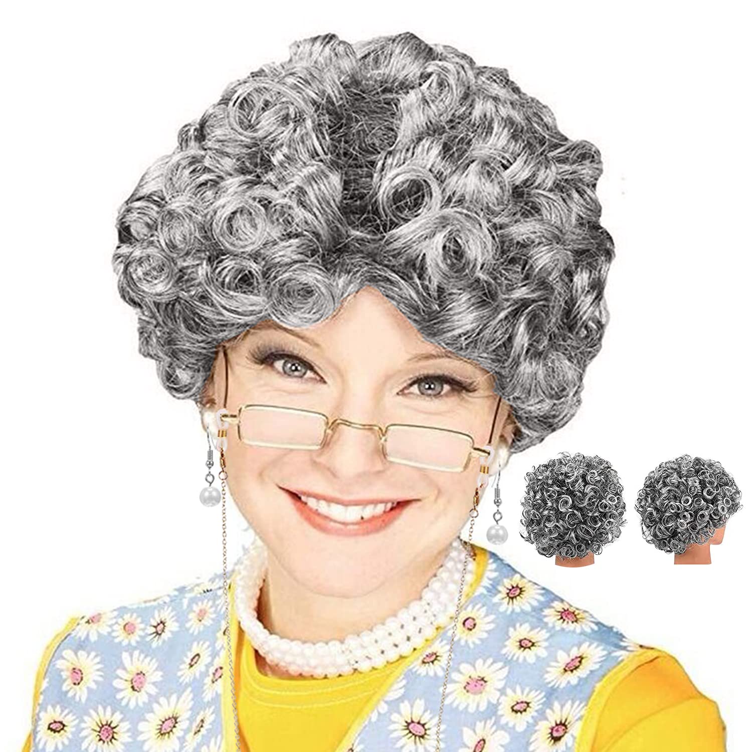 Parrucca Da Nonna Gejoy Set Cosplay Della Nonna Parrucca Della Nonna Occhiali Da Nonna Collana Con Perline A Catena In Perle Sintetiche (Parrucca Panino Bianco Argento Parrucca Nonna Cappuccetto Rosso