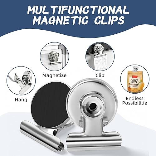 Miniatura 2 de VNDUEEY Paquete de 6 imanes plateados para refrigerador, clips magnéticos para pizarra blanca, clips magnéticos resistentes, clips con imanes