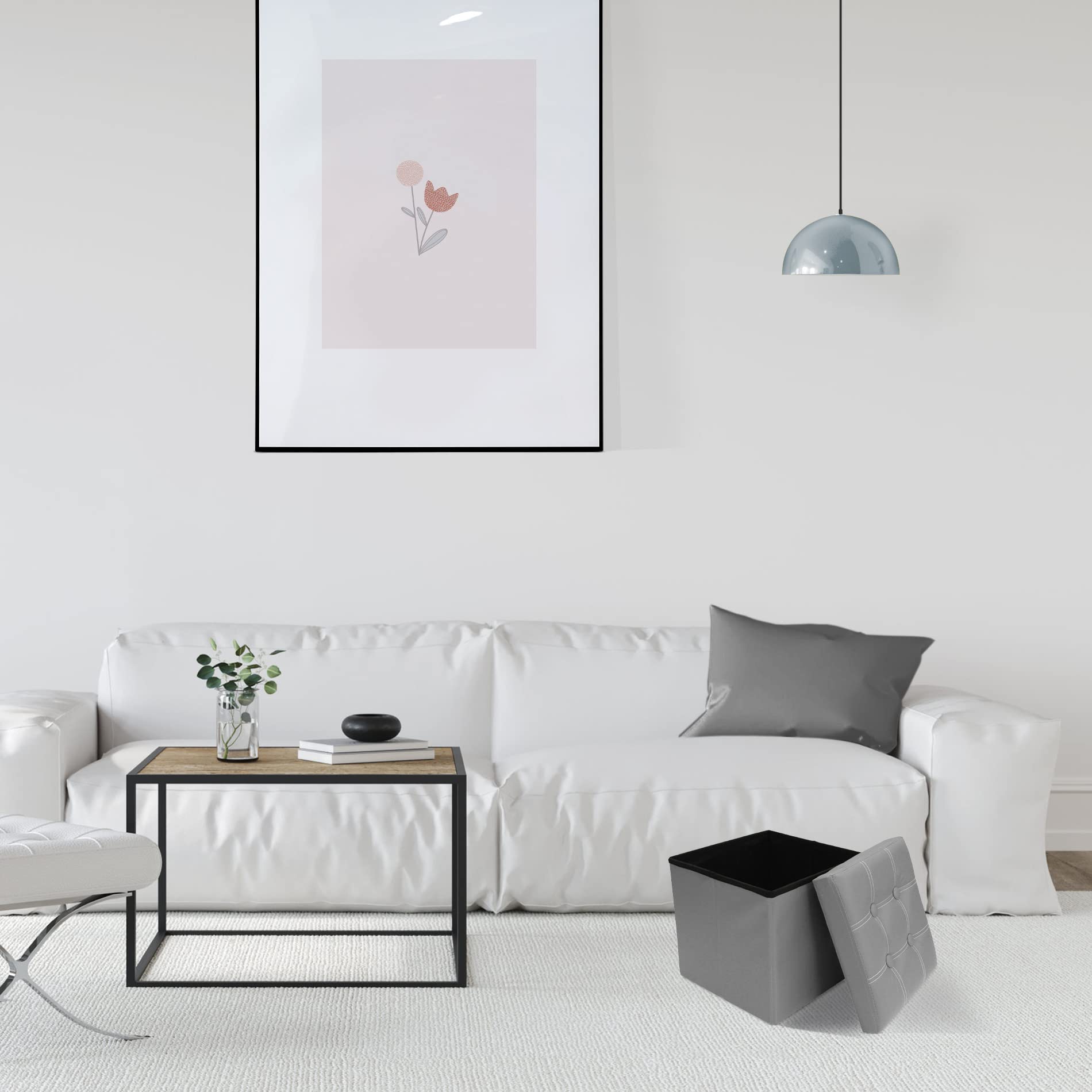 Pouf Poggiapiedi Rebecca Mobili - Tessuto Grigio, 25x45x45 Cm, Contenitore, Pronto All'Uso