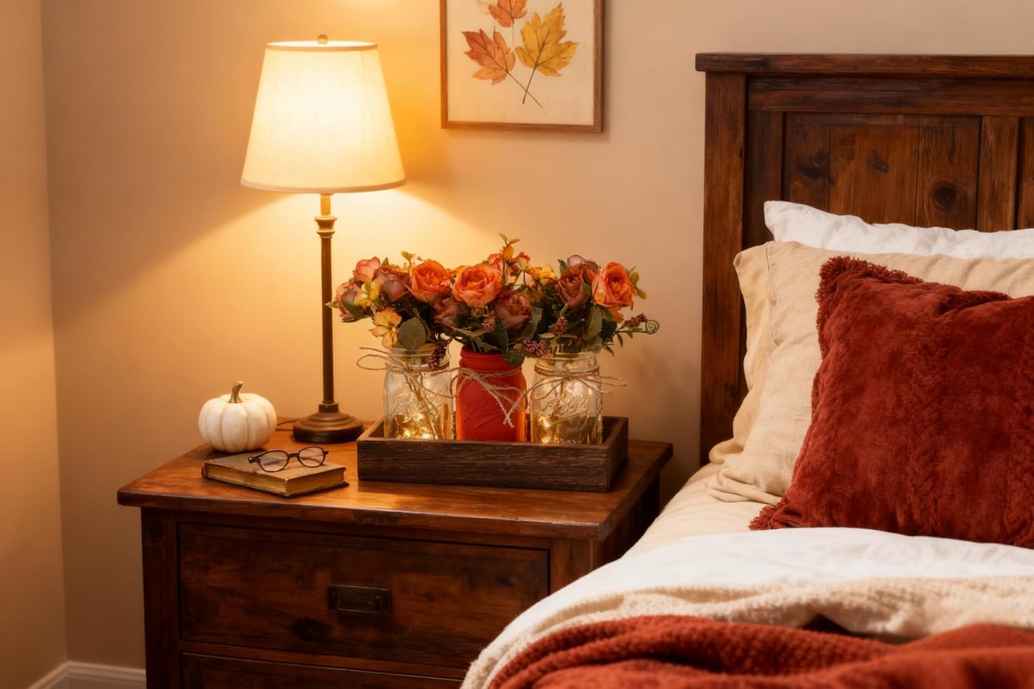 Mason Jar Table Centerpiece Decor with Lights, Wood Tray & 3 Artificial Flowers - Farmhouse Table Decor for Dining Room, Living Room, Kitchen, Coffee Table - Image 5