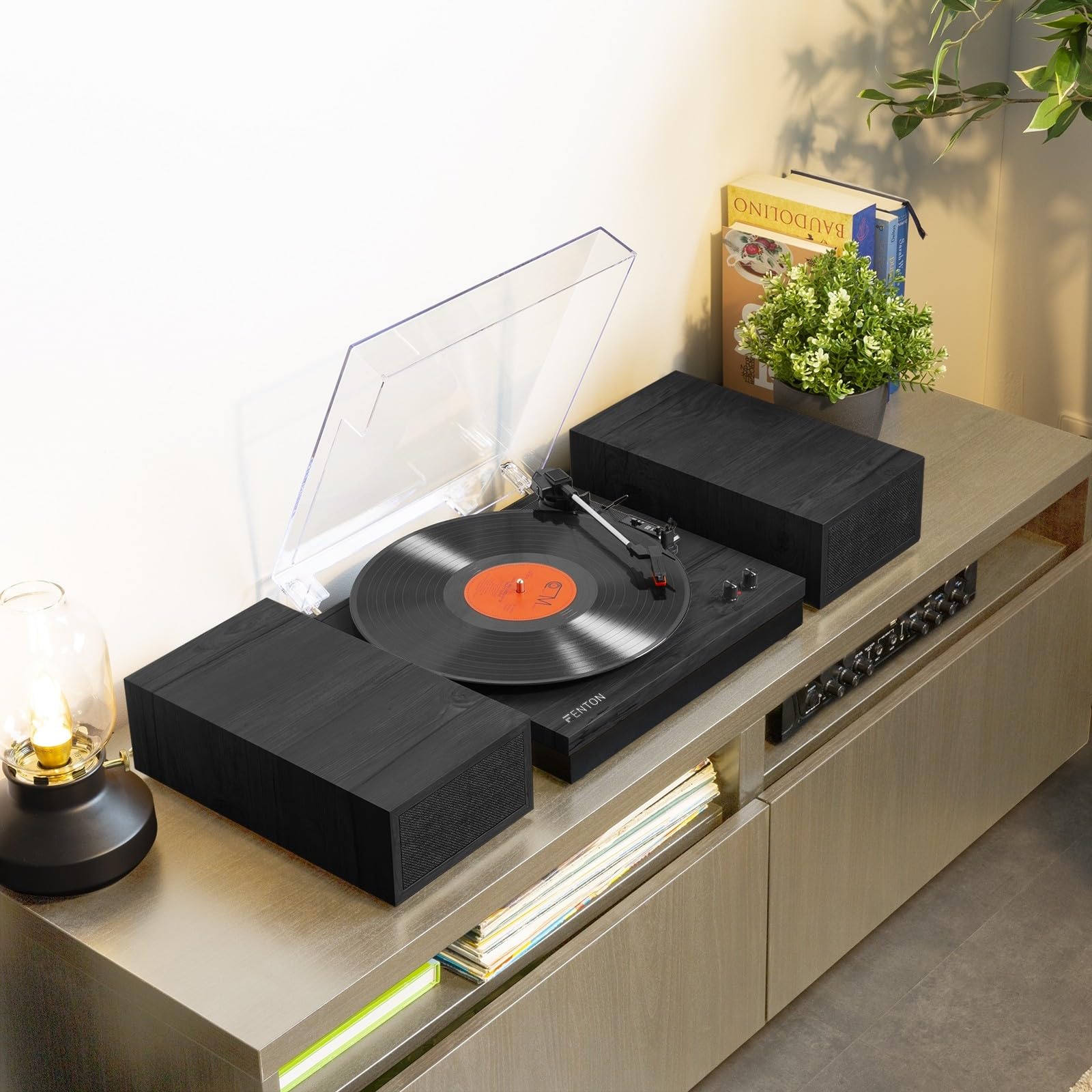 Fenton RP165B Platine Vinyle BT avec 2 Haut-Parleurs Stéréo - Noir/Gris, Lecture 33, 45 et 78 Tours, Système HiFi, Sortie RCA, Une Platine Rétro Idéale pour Décorer et Écouter Vos Vinyles