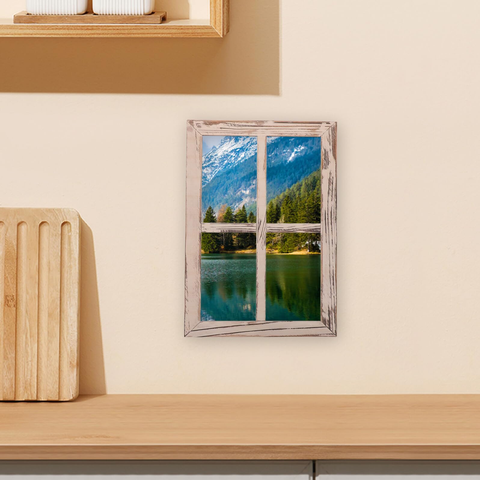 2 Stück Holzimitat Fensterdekoration im Landhausstil Rustikal | Holz, Vintage Optik, Lichtsteuerung und Montage Design, für Landhausküche und Wohnzimmer