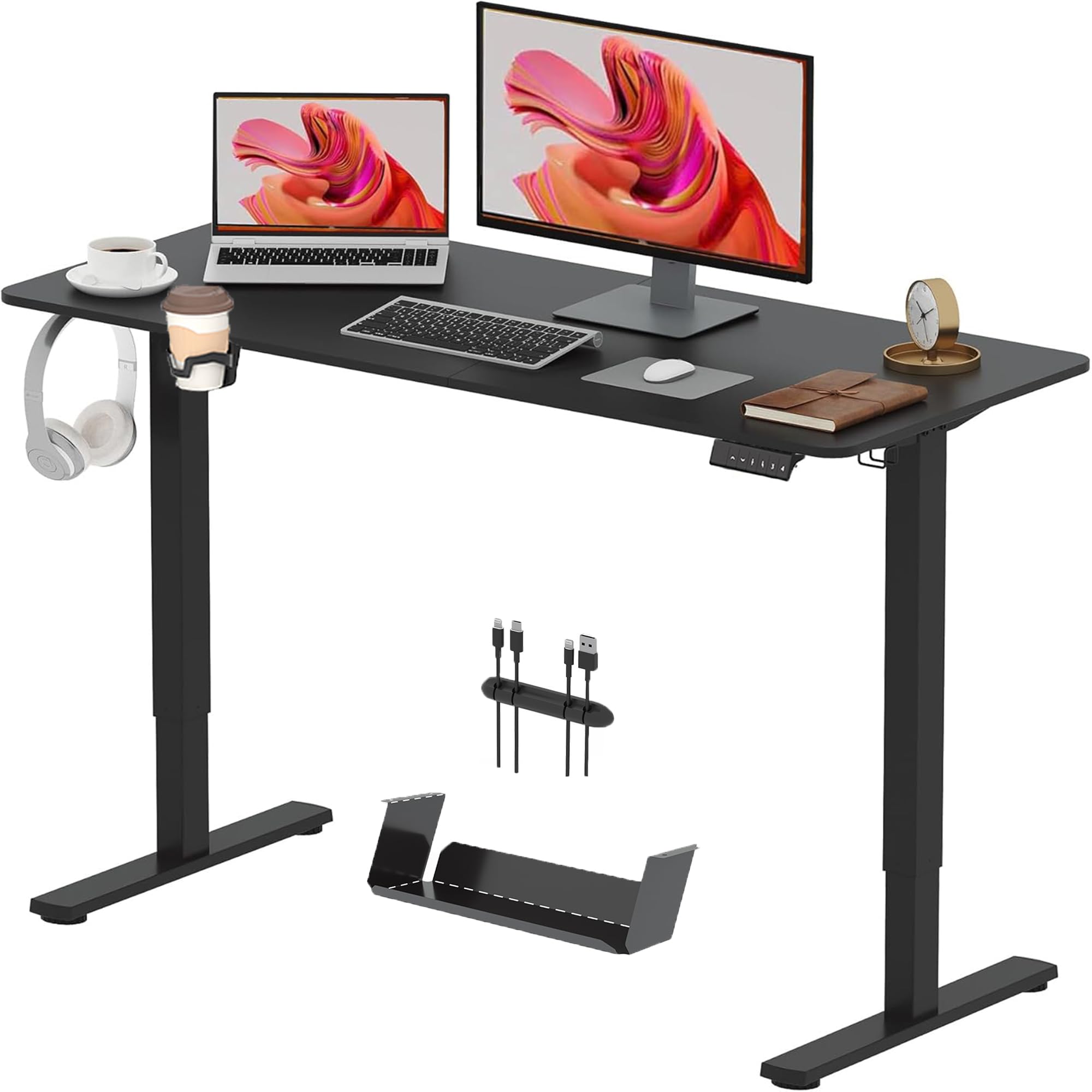 SANODESK Electric Standing Desk ONE PIECE 110 * 54 Height Adjustable Desk With Cable Management&Memory Smart Panel Sit Stand Table With Hooks and Cupholder for Home Office(Black Frame+ Black Desktop