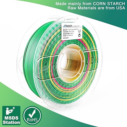 Miniatura 7 de AMOLEN Filamento PLA de triple color seda para impresora 3D de 0.069 in, filamento de coextrusión verde fucsia dorado, 2.2 libras