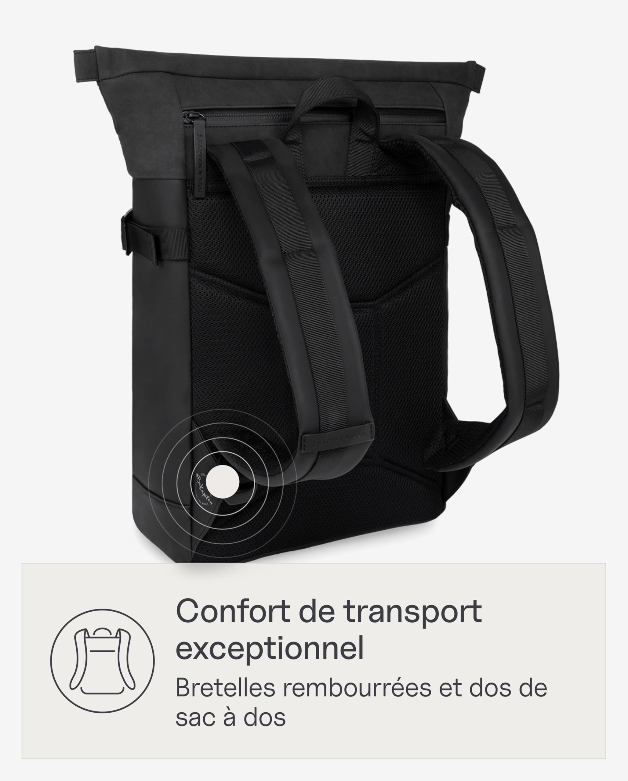 Kapten & Son Aarhus All Black sac a dos 14 L | Sac à dos noir pour homme et femme | Rolltop | compartiment pour ordinateur portable 14" | pour voyager, bagage cabine, travail, université, école