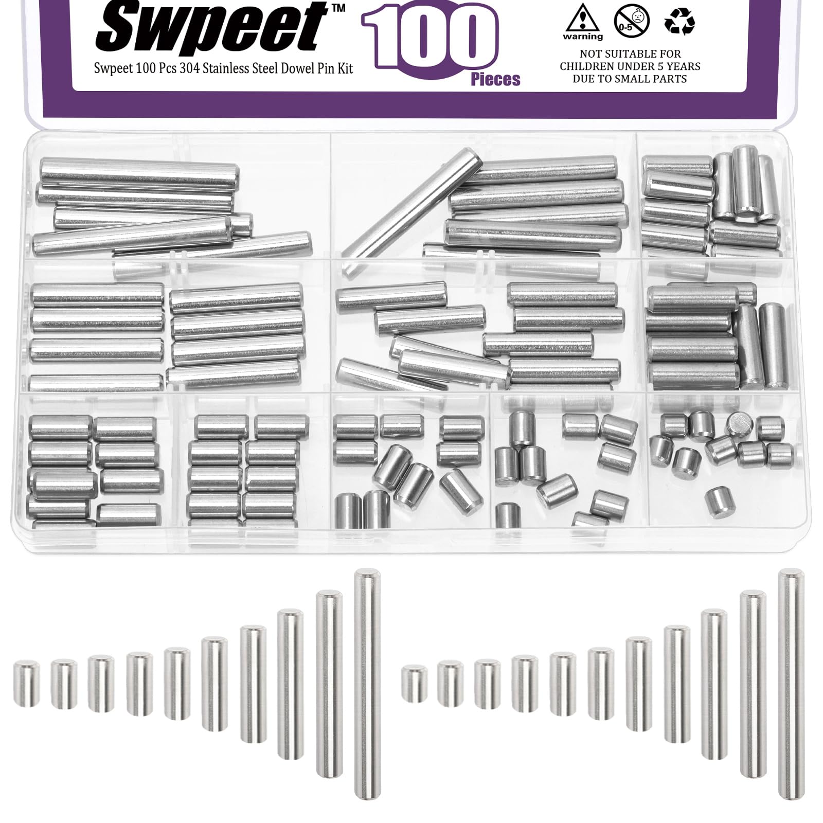 Swpeet 100Pcs 11Sizes M6 304 Stainless Steel Dowel Pin Assortment Kit, Cylindrical Shelf Support Peg Pin Rod Fasten Elements for Maintenance and Connection (with A Storage Box )