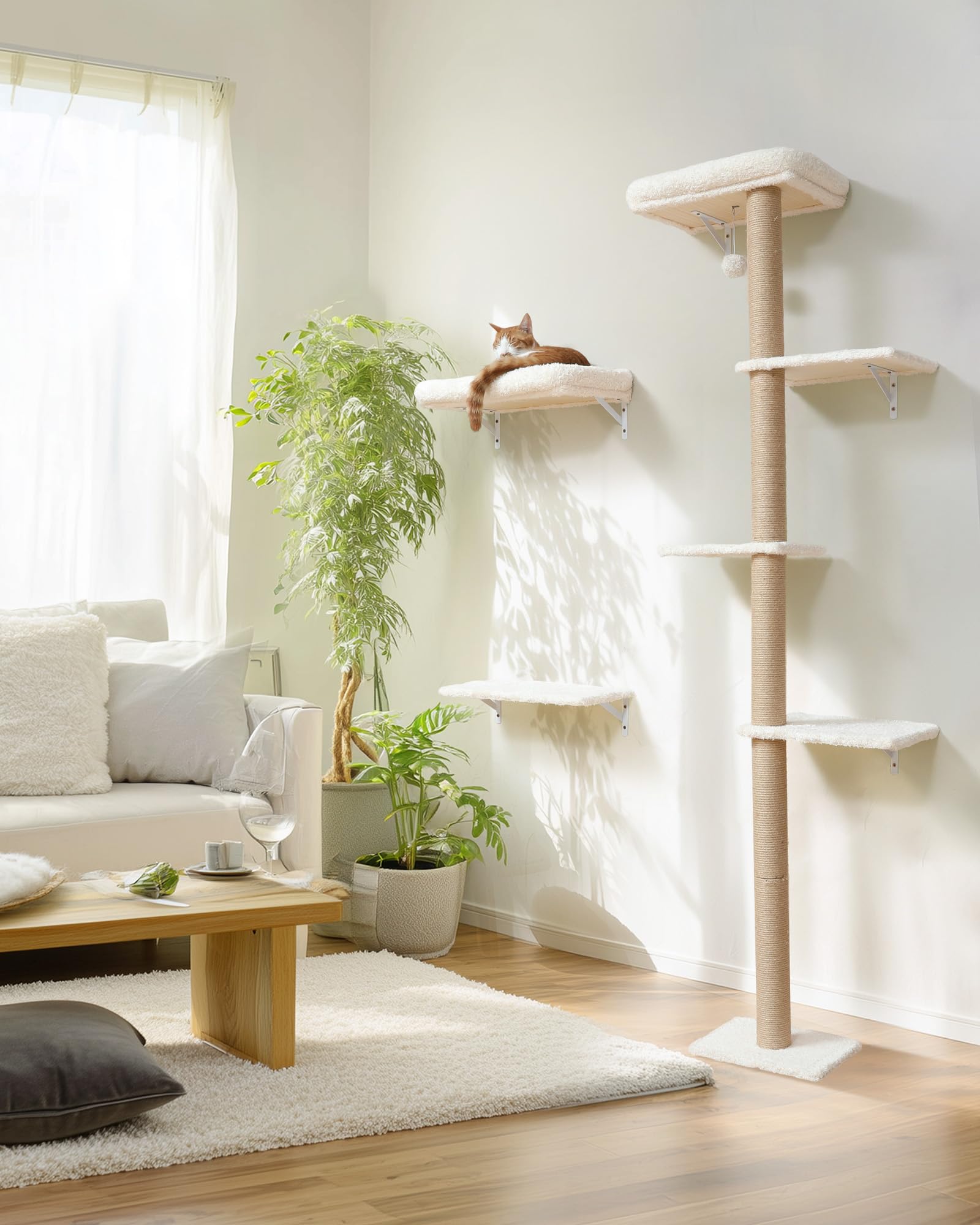 FUKUMARU Mensole per Gatti da Parete, Set di Mobili per Gatti a Muro Stabile 3-in-1, Colonna Tiragraffi da Parete con Piattaforma Morbida e Cuscino, Parete per Arrampicata Salvaspazio.Beige