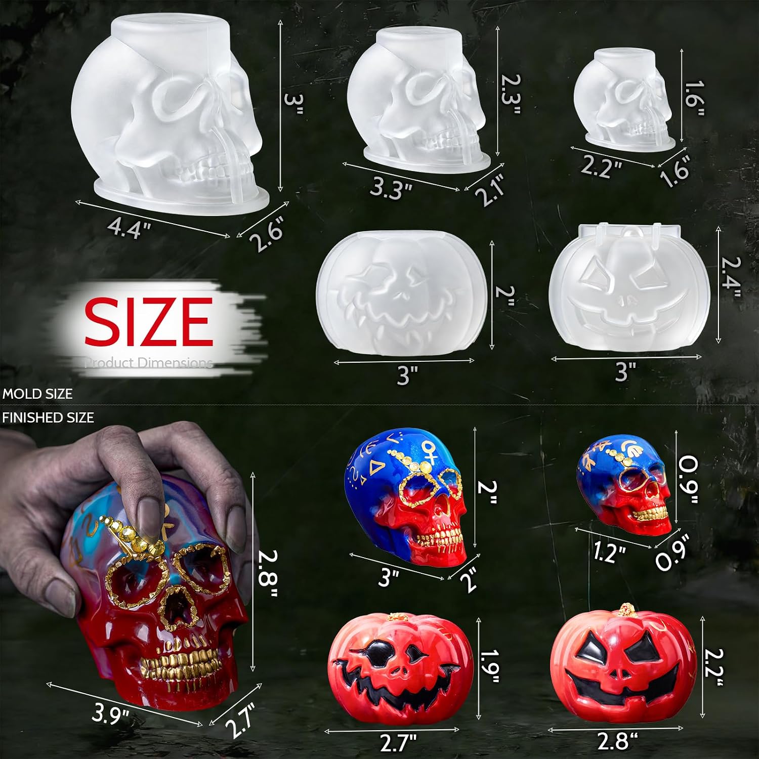 5 PCS Halloween Resin Molds, 3D Skull Pumpkin Silicone Molds for Resin Wax