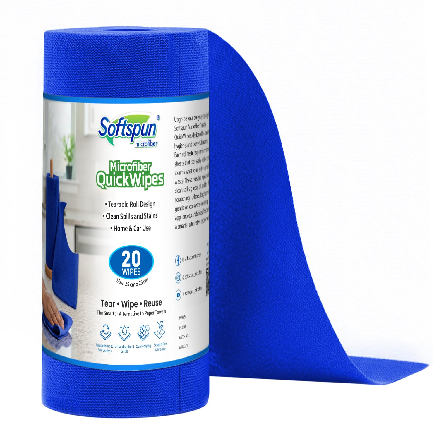 SOFTSPUN Microfiber Cleaning Roll – 20 Quick Wipes, 10X Cheaper Than Paper Kitchen Roll Reusable & Lint-Free Cloth for Kitchen, Glass & Home Cleaning | 25×25 cm (Blue)-image-22
