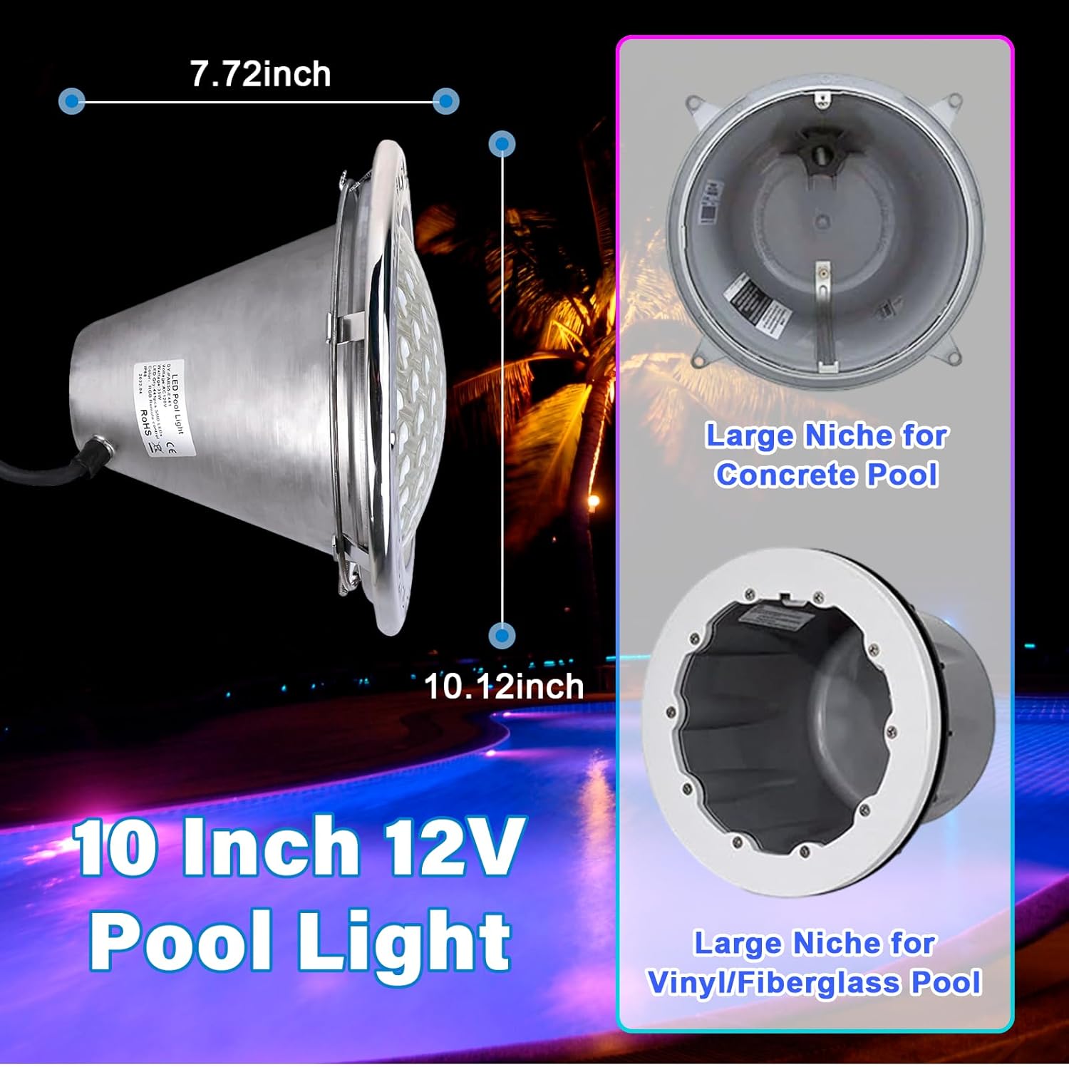 10 Inch LED Pool Lights for Inground Pool RGB Color with Transform Controller, Works with Phone APP, Music Mode, 50FT AC120V Pool Light for 10" Wet Niche, Replacement for Pool Lights of Pentair