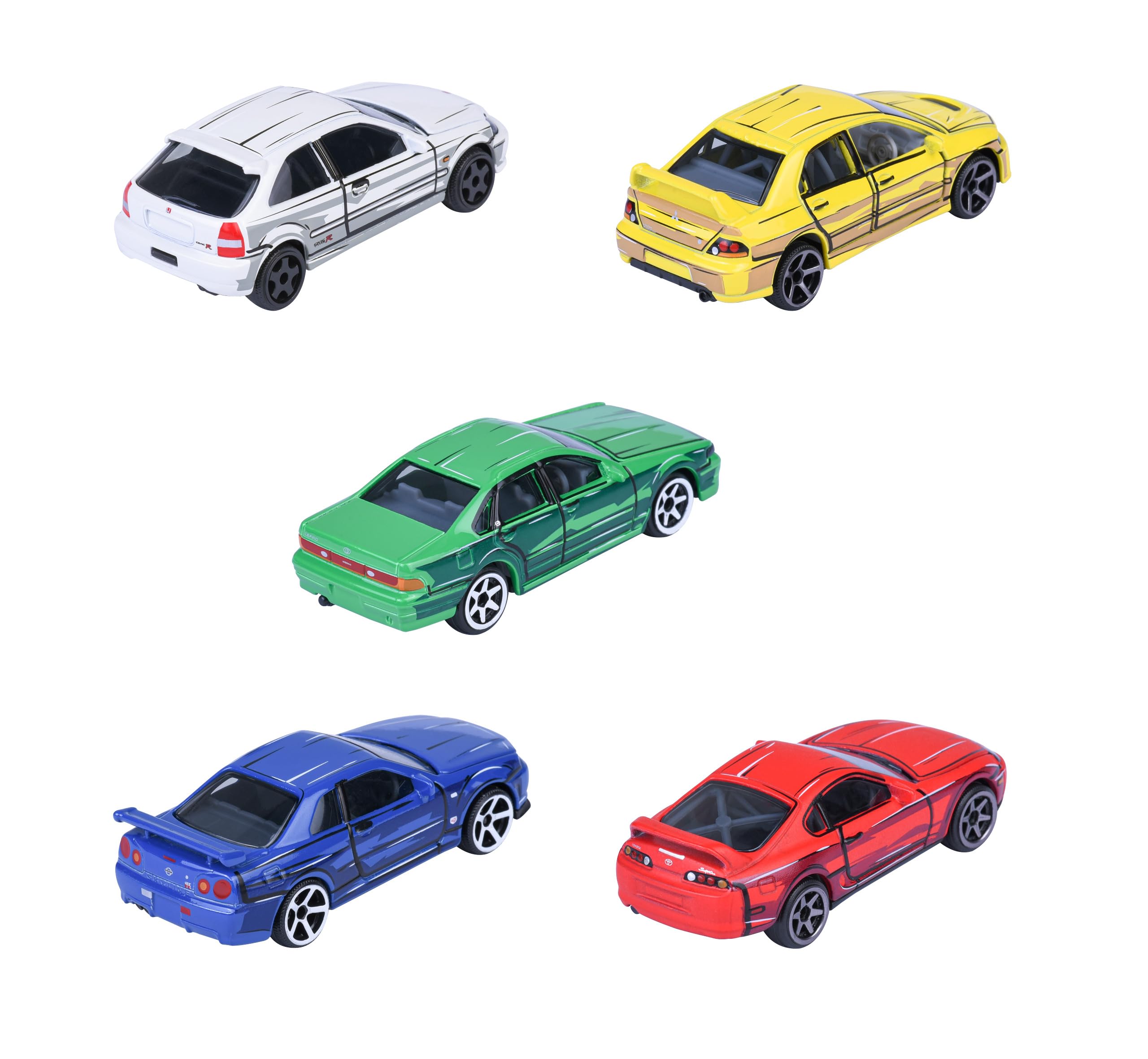 Majorette, JDM Leyends Giftpack 5 Auto, Set di 5 Auto, Honda, Nissan, Toyota, Mitsubishi), Metallo, Scala 1:64, 7,5 cm, Ruota Libera, Scatola Decorata, Licenze Ufficiali, 3 anni (8504105000)