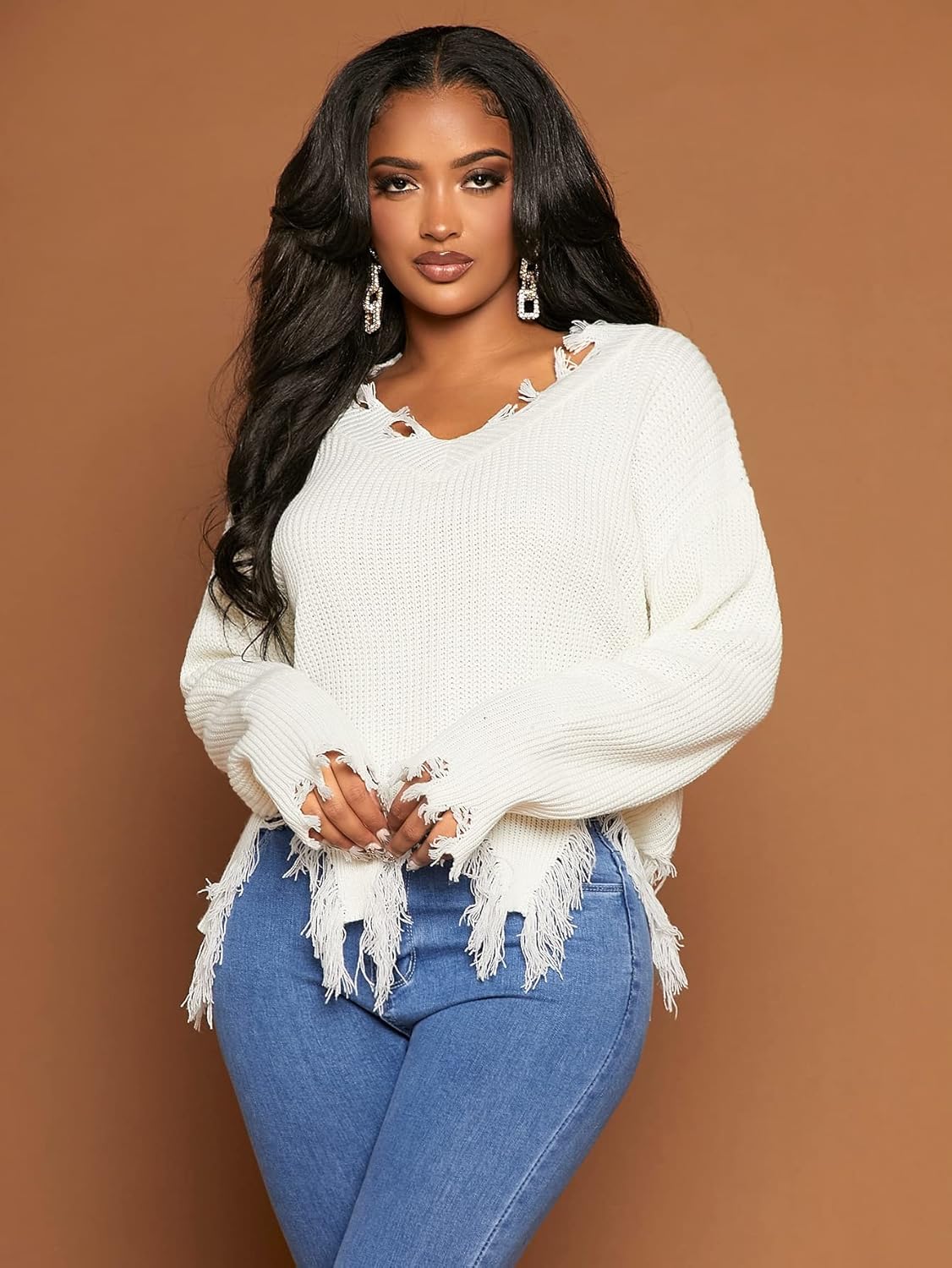 Women's Sweater Distressed Trim Drop Shoulder Sweater Sweater for Women (Color : White, Size : Medium)