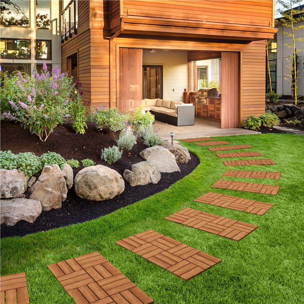 Yaheetech Piastrelle da Giardino in Legno di Acacia 30 x 30 cm Pavimento Impermeabile Resistenti alle Intemperie per Esterni Balconi Giardino Terrazzo 10 pcs