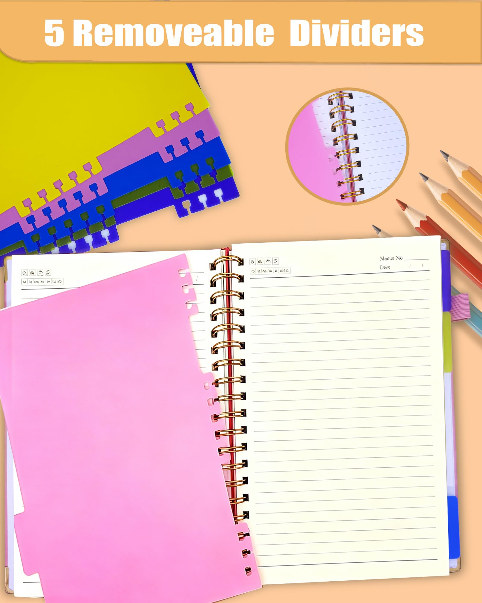 Cuaderno en espiral de tapa dura con pestañas divisoras extraíbles, 5 cuadernos de asignaturas para el trabajo, escuela, 300 páginas de 8 x 10 pulgadas, diario de cuero B5 con rayas