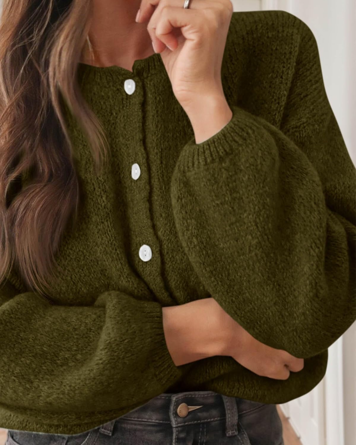 KIRUNDO Women’s Cardigans Casual Loose Button Up Long Sleeve Crewneck Knit Cardigan Sweaters Open Front Outerwear Coats - Image 3