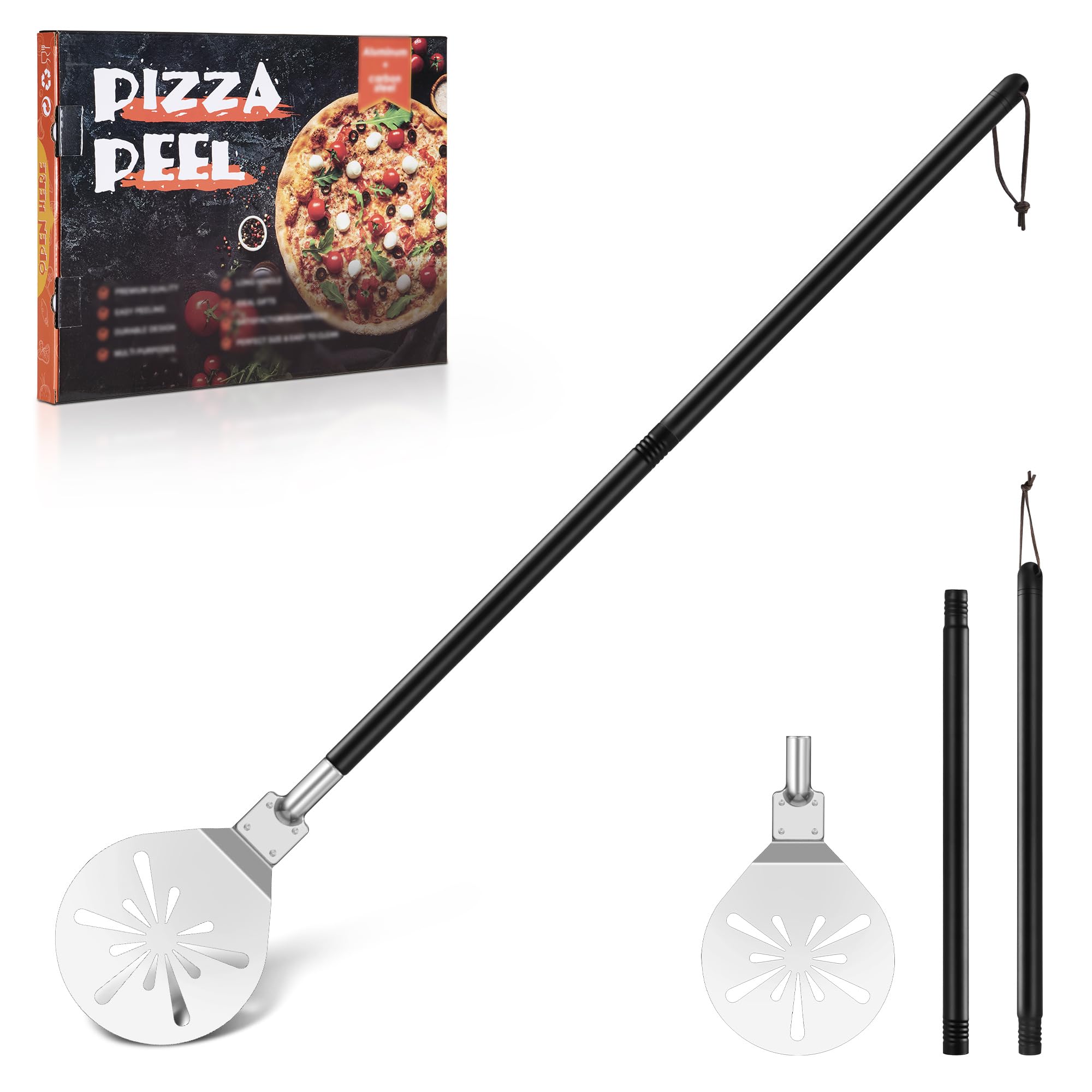 Herogo Pala rotante per pizza, spatola perforata in acciaio inox da 17,8 cm, accessori in metallo con manico staccabile, superficie liscia e adatta al forno