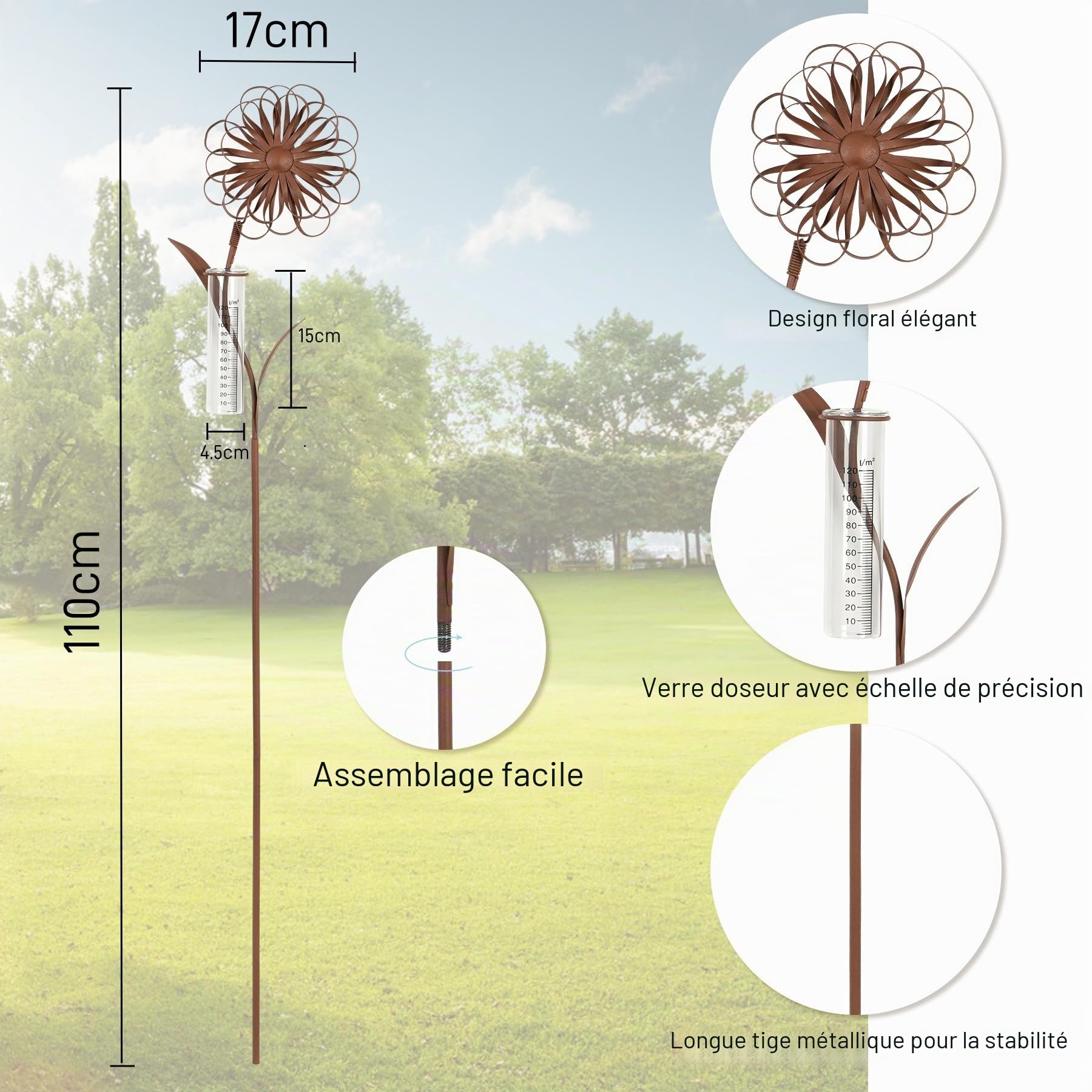 Pluviomètre de jardin résistant au gel avec baguette, précipitateur décoratif H 110 cm, pluviomètre en verre sur piquet de jardin, décoration florale résistante aux intempéries, pour balcon