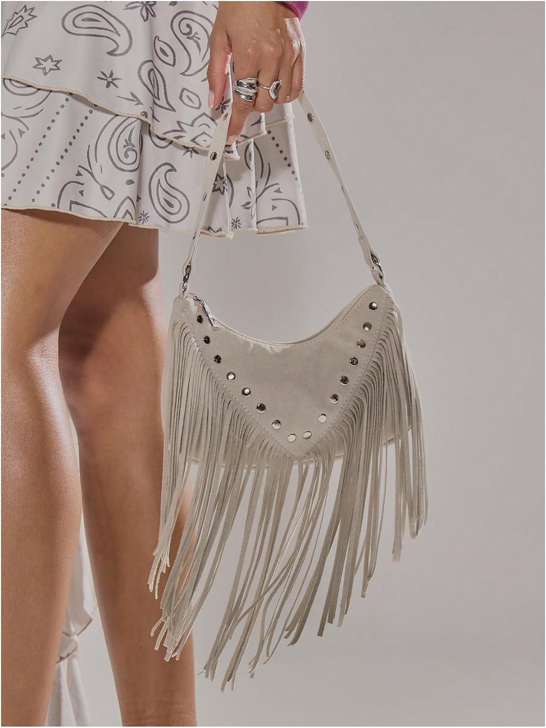 GORGLITTER Women's Fringe Shoulder Bag Beaded Suede Hobo Bag Y2k Punk Boho Vintage Purse Western Faux Leather Handbag