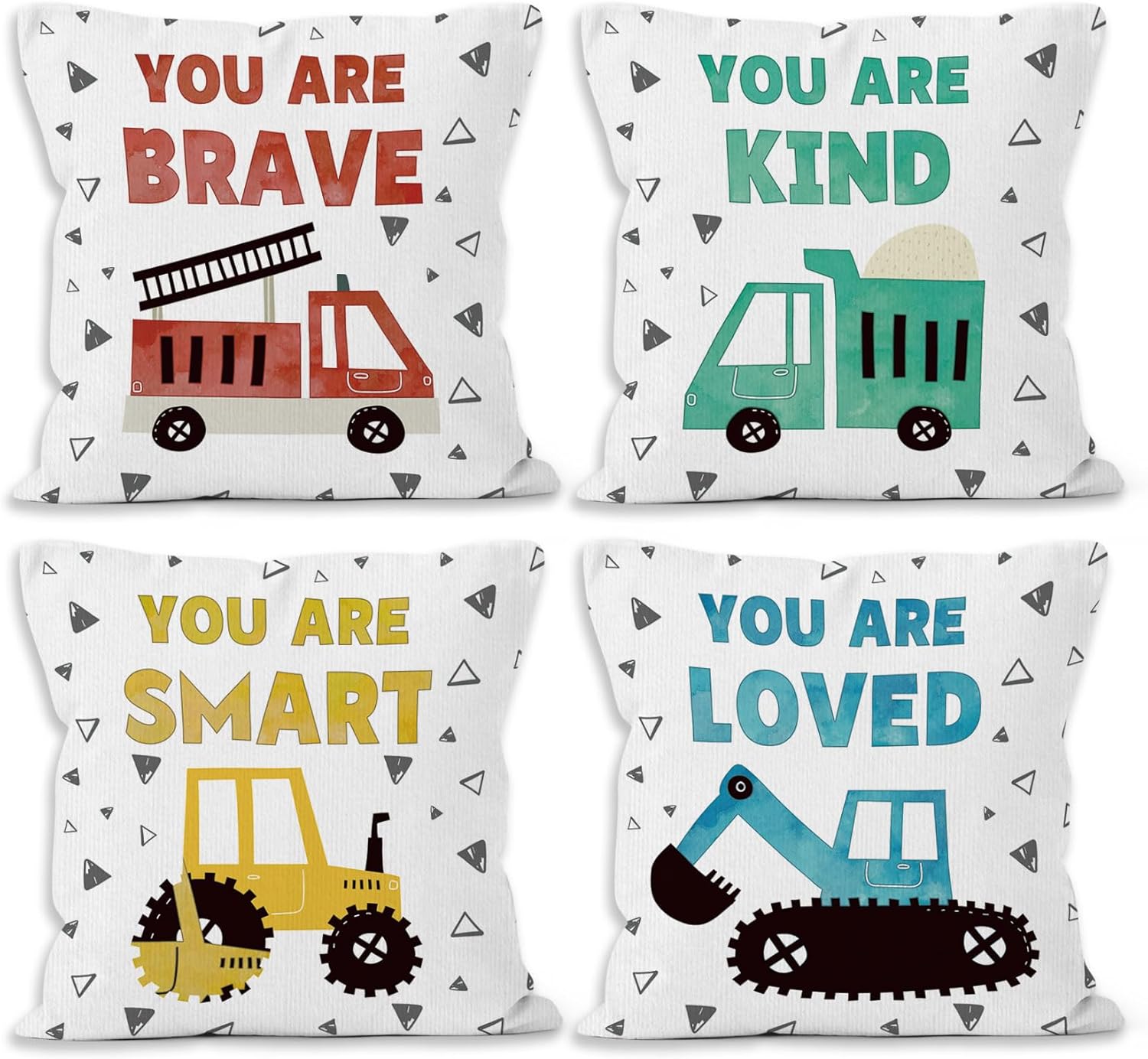 Boys Kids Construction Car Inspirational Throw Pillow Covers 18x18 Set of 4, Decor Pillow Cases for Playroom Classroom Boys Room Nursery Bedroom, You are Loved Pillowcases for Couch Bed Sofa