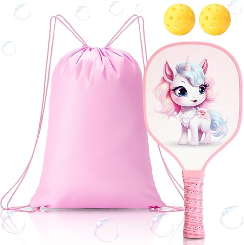 Juego de palas de fibra de vidrio ligeras con 2 bolas lindas de agarre pequeño para niños de 4 a 11 años