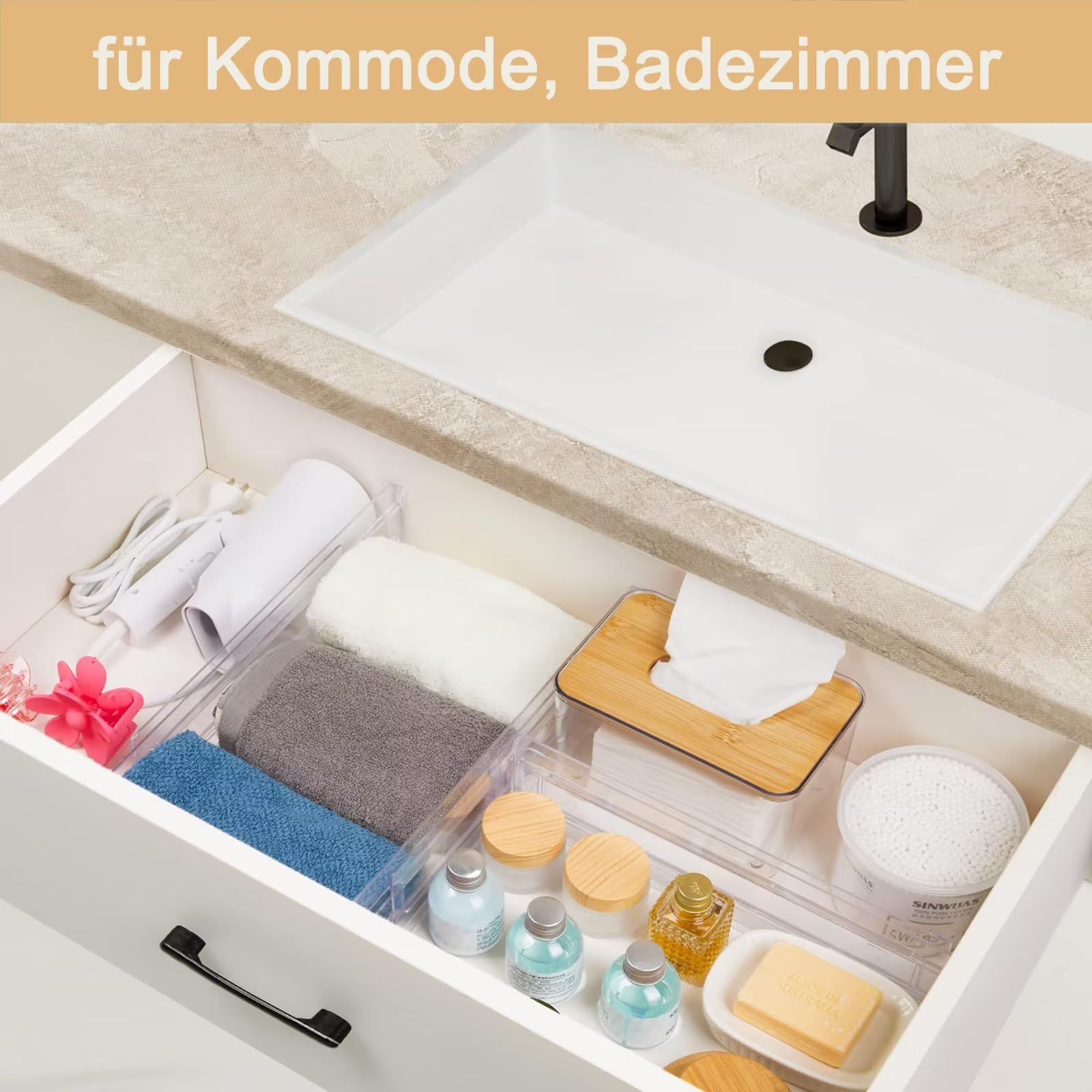 ZHHGOO Ladeverdeler, verstelbaar, uittrekbaar van 27,5 tot 52 cm, verstelbare lade-organizer voor gebruiksvoorwerpen, keuken, wastafel, badkamer, make-up, 8 stuks