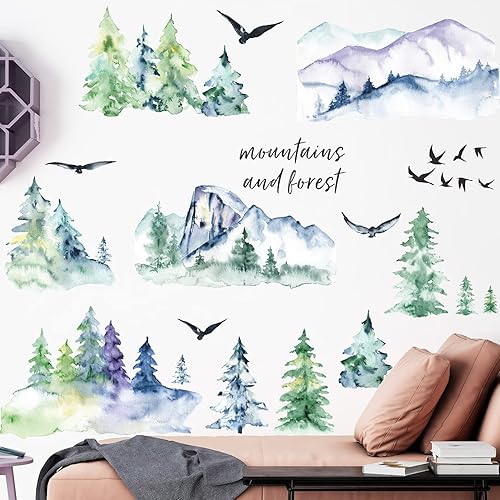 Miniatura 3 de Pintura de tinta, calcomanías de pared de montaña, calcomanías abstractas de bosque grande de árbol, estilo chino, tinta, paisaje, bosque verde,