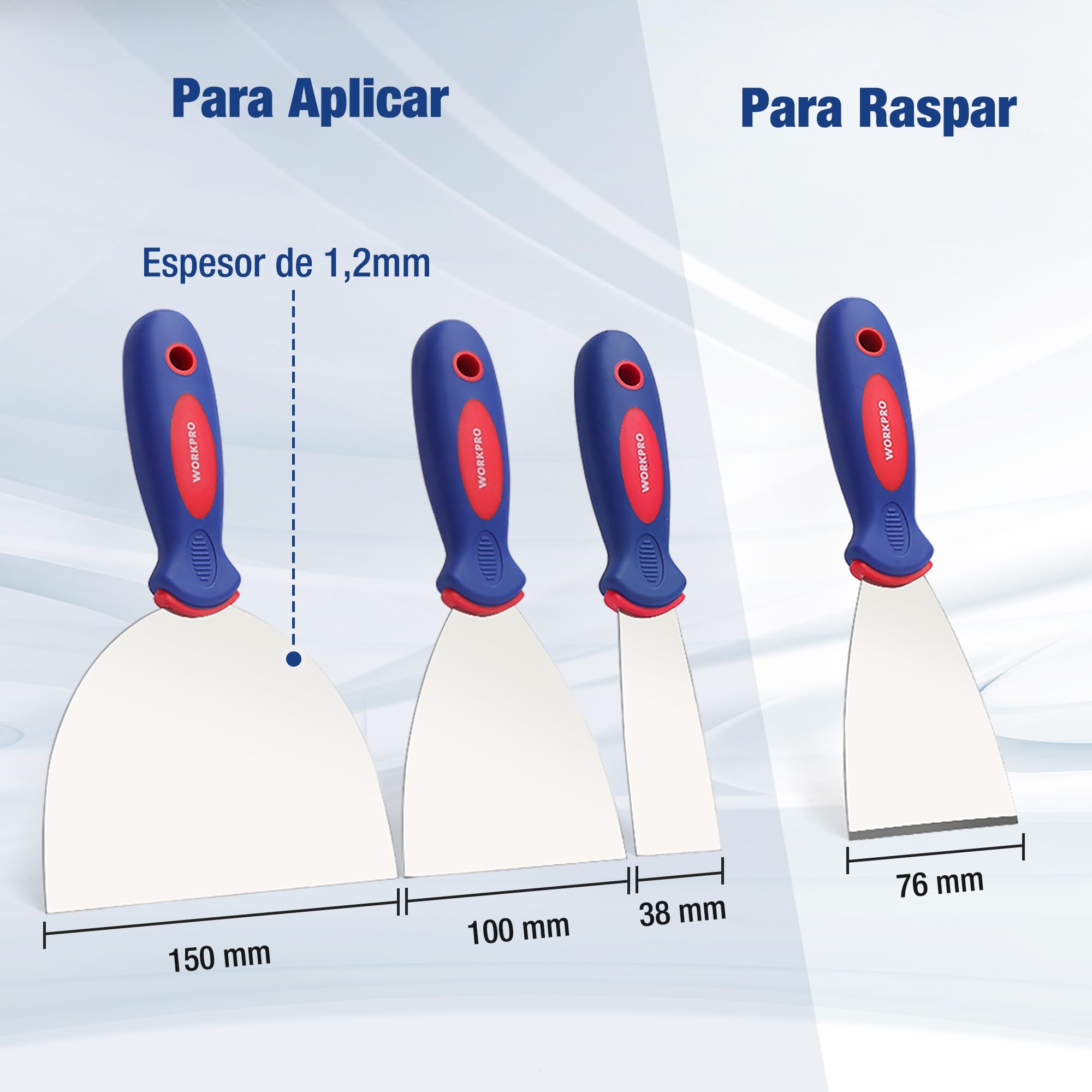 WORKRPO 4-piezas Juego de Espátulas Masilla, Espátula de Acero Inoxidable en 4 Formas 38 mm, 76 mm, 100 mm, 150 mm, Espátulas para Pintura