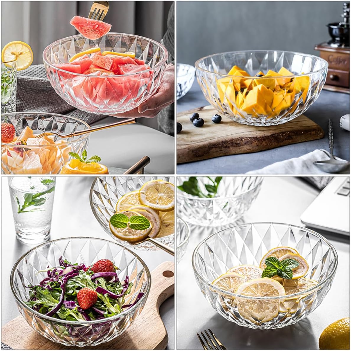 NUOBESTY Transparent Crystal Salad Bowl Diamond Pattern Glass Fruit Bowl for Home Office Restaurant Hotel Dessert Shop 7.87 X 7.87 X 3.34 in 1 piece