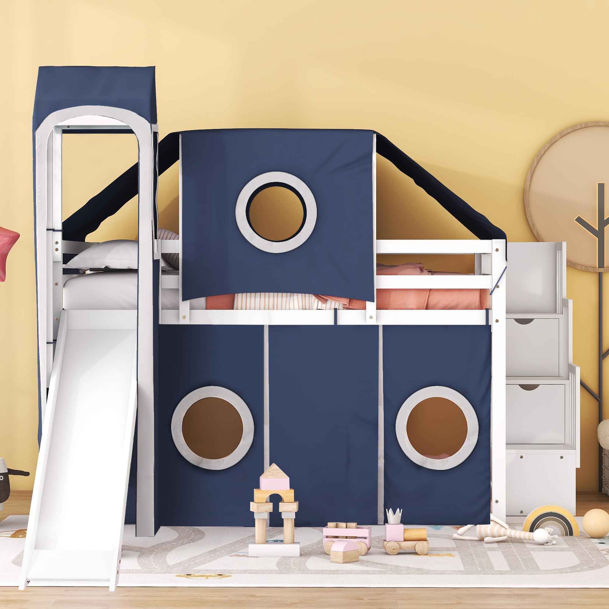 Merax Low Loft Bed Full Size with Slide and Storage Stairs, Wood Loft Bed with Tent & Tower, for Boys & Girls, Blue