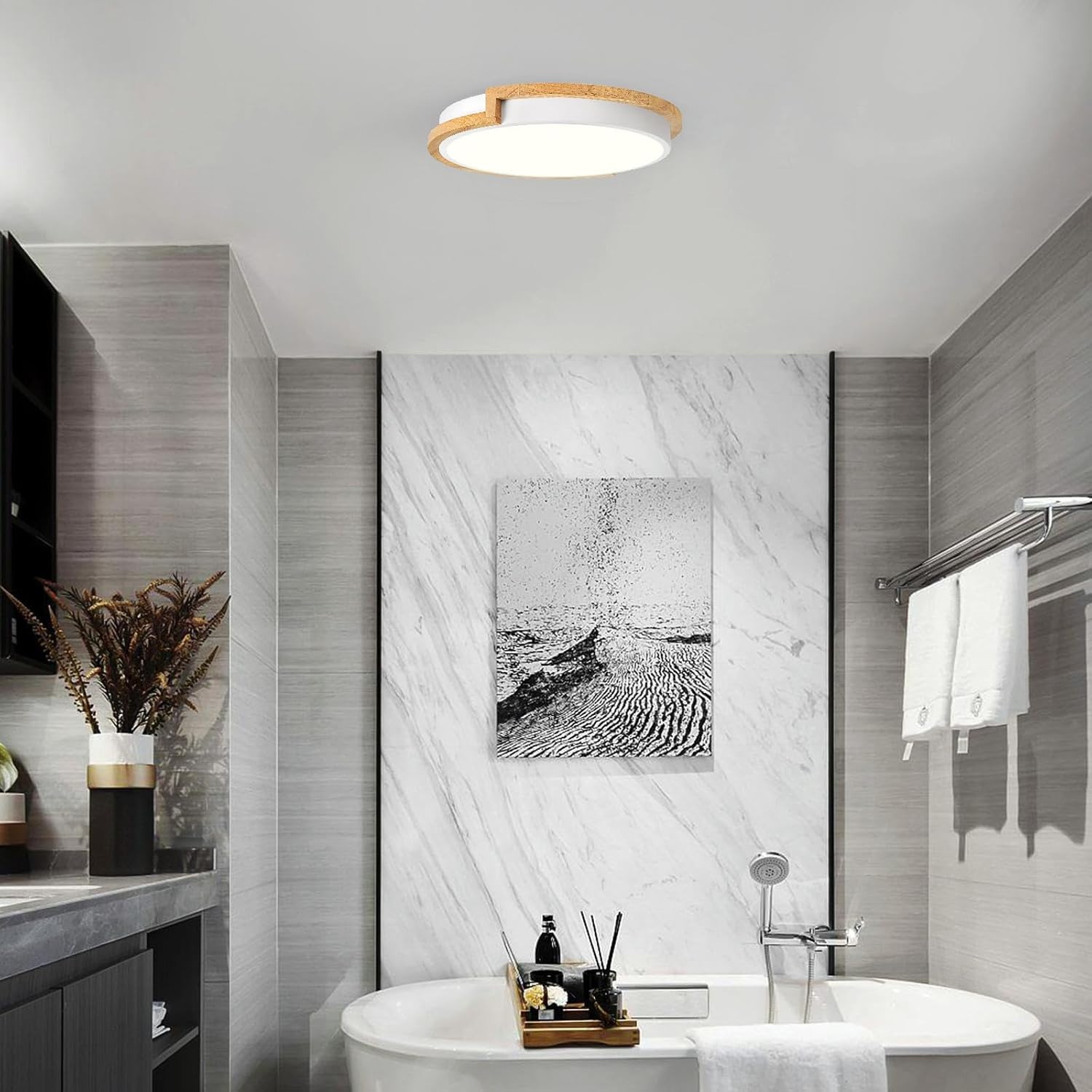 Dimmable Wood LED Flush Mount Ceiling Lights, 5CCT 2700K-6000K White Hallway Lighting Fixtures, Minimalist Round Ceiling Lamp for Bedroom Laundry Room Kitchen Entryway Bathroom 11.8in