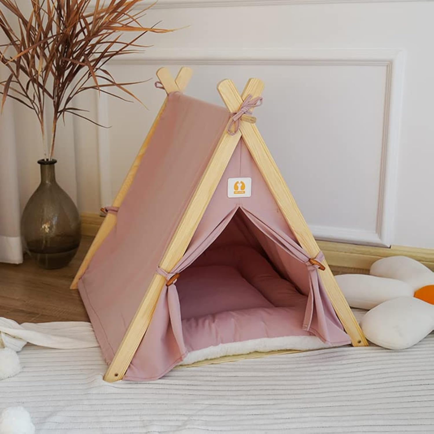 Solid Wood Cat & Dog Indoor Tent with Thick Mat, Teepee Tent & Cave Bed (Pink)