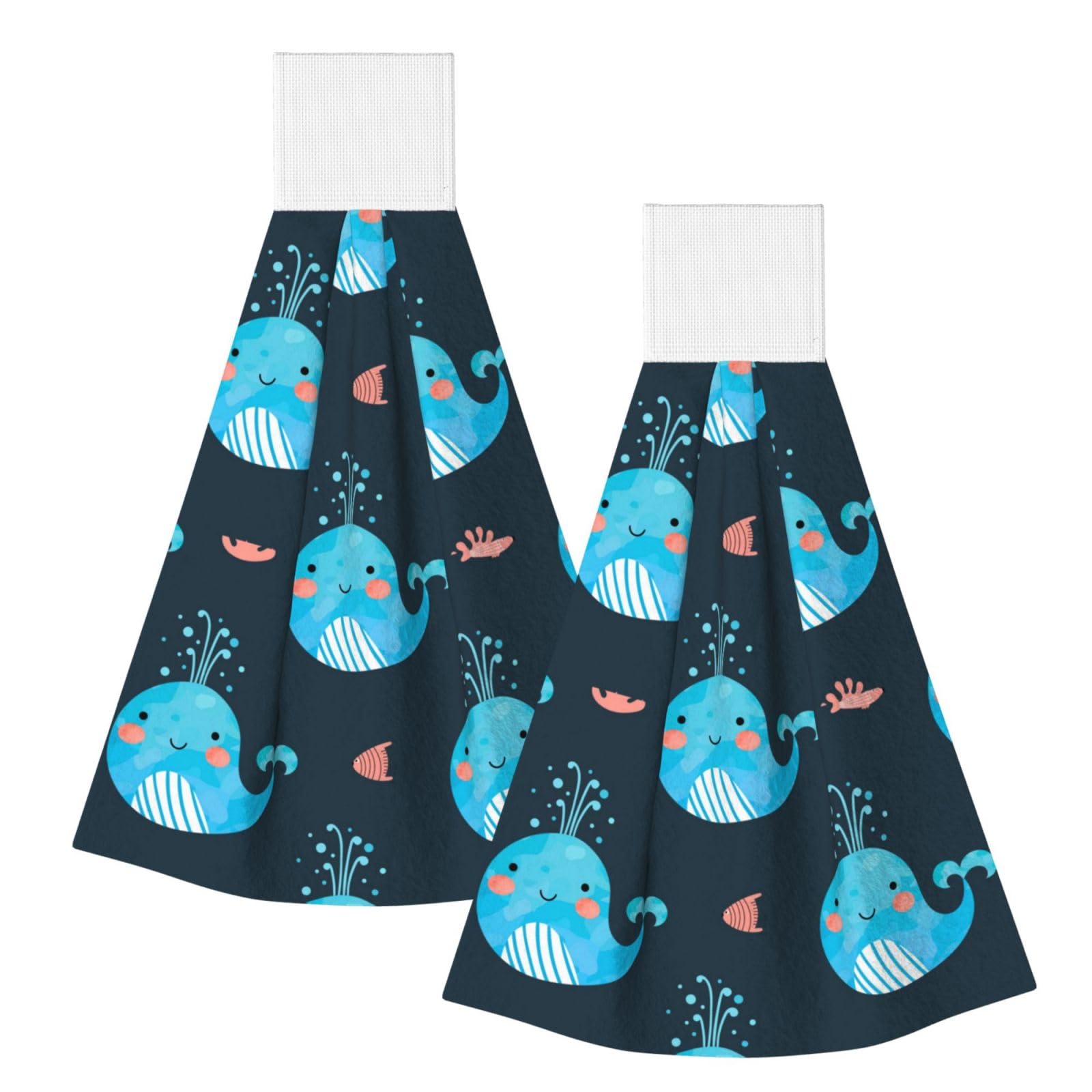 DOPKLNA Cute Whales And Fishes, 2 Pcs Hanging Coral Fiber Hand Towels for Bathroom, Absorbent Kitchen Towels