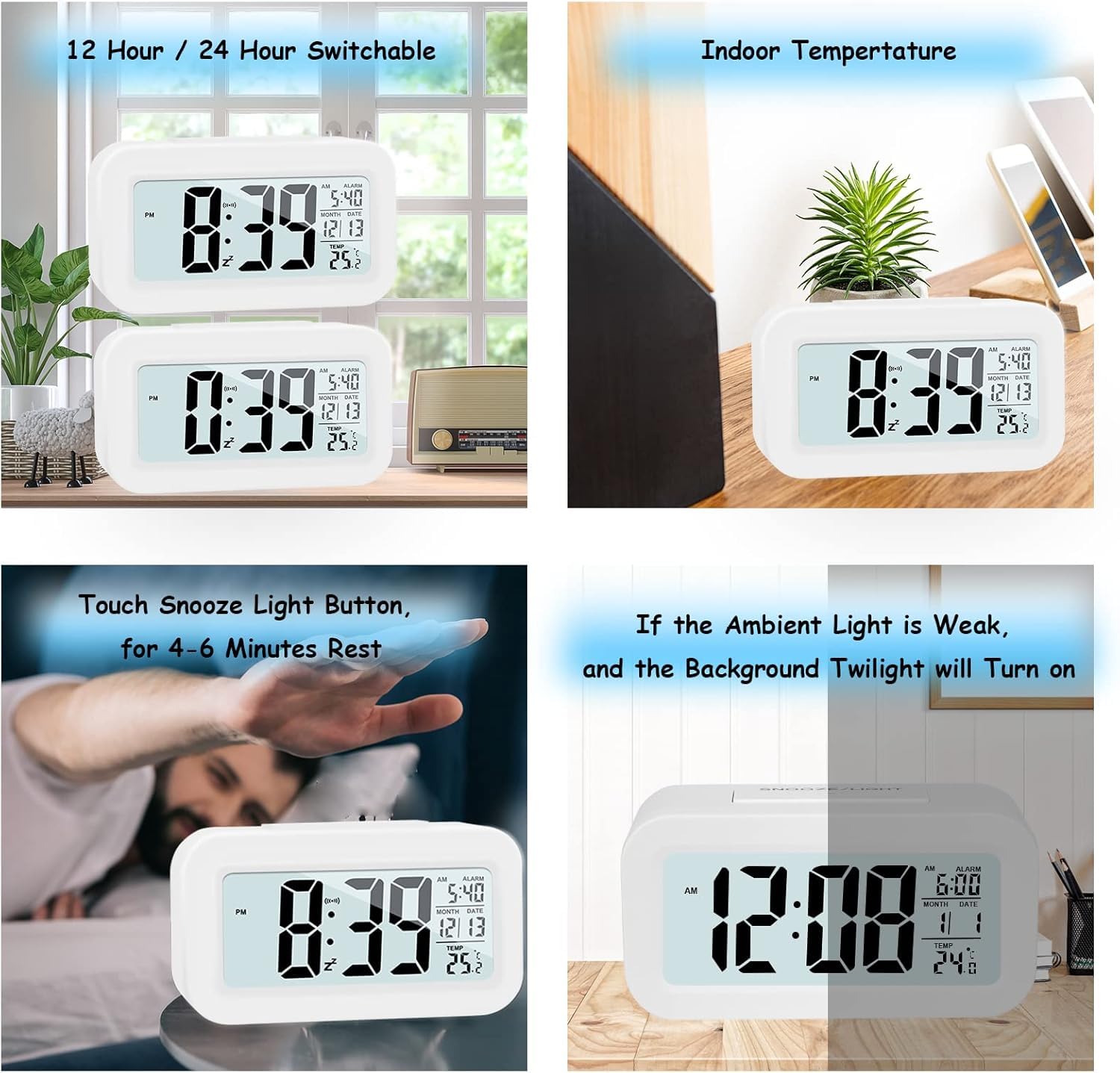 JOPHEK kadio Digital Alarm Clock for Bedside Battery, Smart Alarm Clock with Temperature Date Snooze, Digital Alarm Clock for Children Adults Bedroom Home Office, ABS, 14x5 Cm, White 3