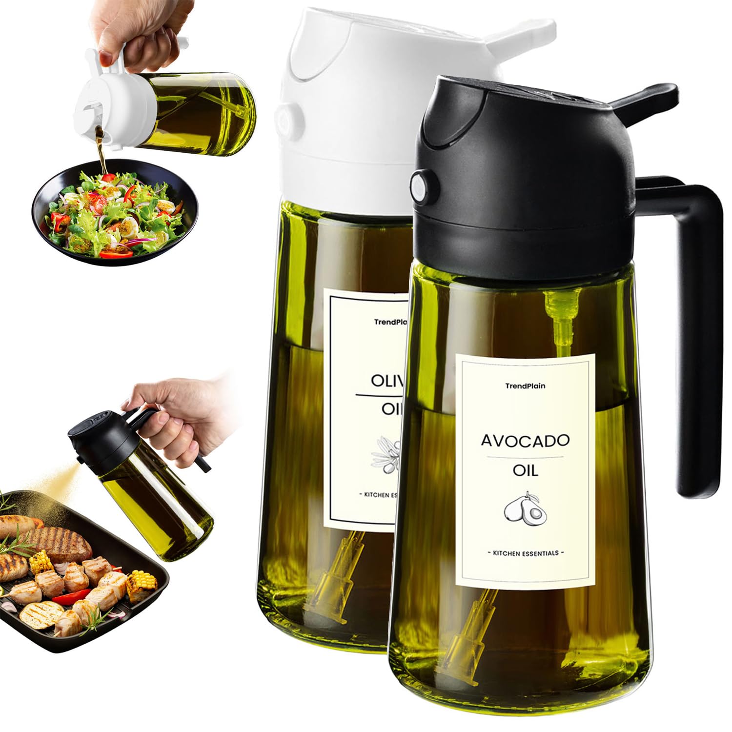 TrendPlain Pulverizador Aceite Spray 470ml - 2 en 1 Spray Aceite Cocina, Dispensadora para Freidora de Aire, Ensaladas, Vinagre y Accesorios Cocina (2 unidad, Negro y Blanco - 1)