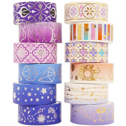 YUBBAEX Galaxy Washi Tape Set Purple Stars Decorative Tapes Silver Gold Foil Masking for Arts, DIY Crafts, Journal Supplies, Planners, Scrapbook, Gift Wrapping (Purple Night 12 Rolls) - Purple Night 12 Rolls