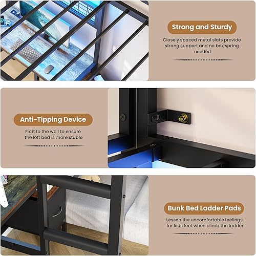 Miniatura 9 de DICTAC Litera con Escritorio, Luces LED y Estación de Carga, Literas Individuales sobre Individuales de Metal en Forma de L con Cajones de