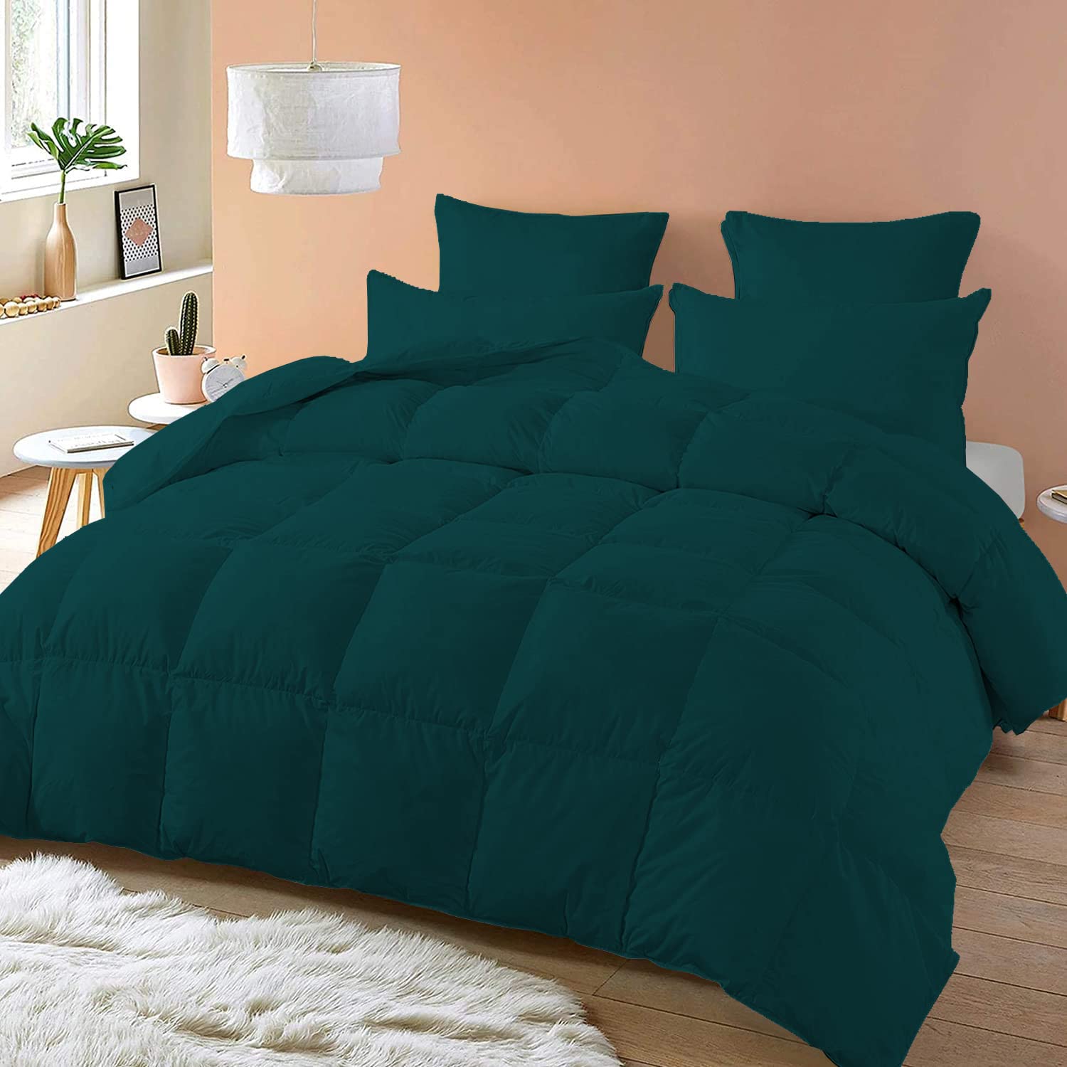 Night Nest Comforter - 100% Egyptian Cotton 600 Thread Count 400GSM Fiber Fill, 1 Piece Comforter - Queen/Full Size (90" x 90") Inch, Teal Soild